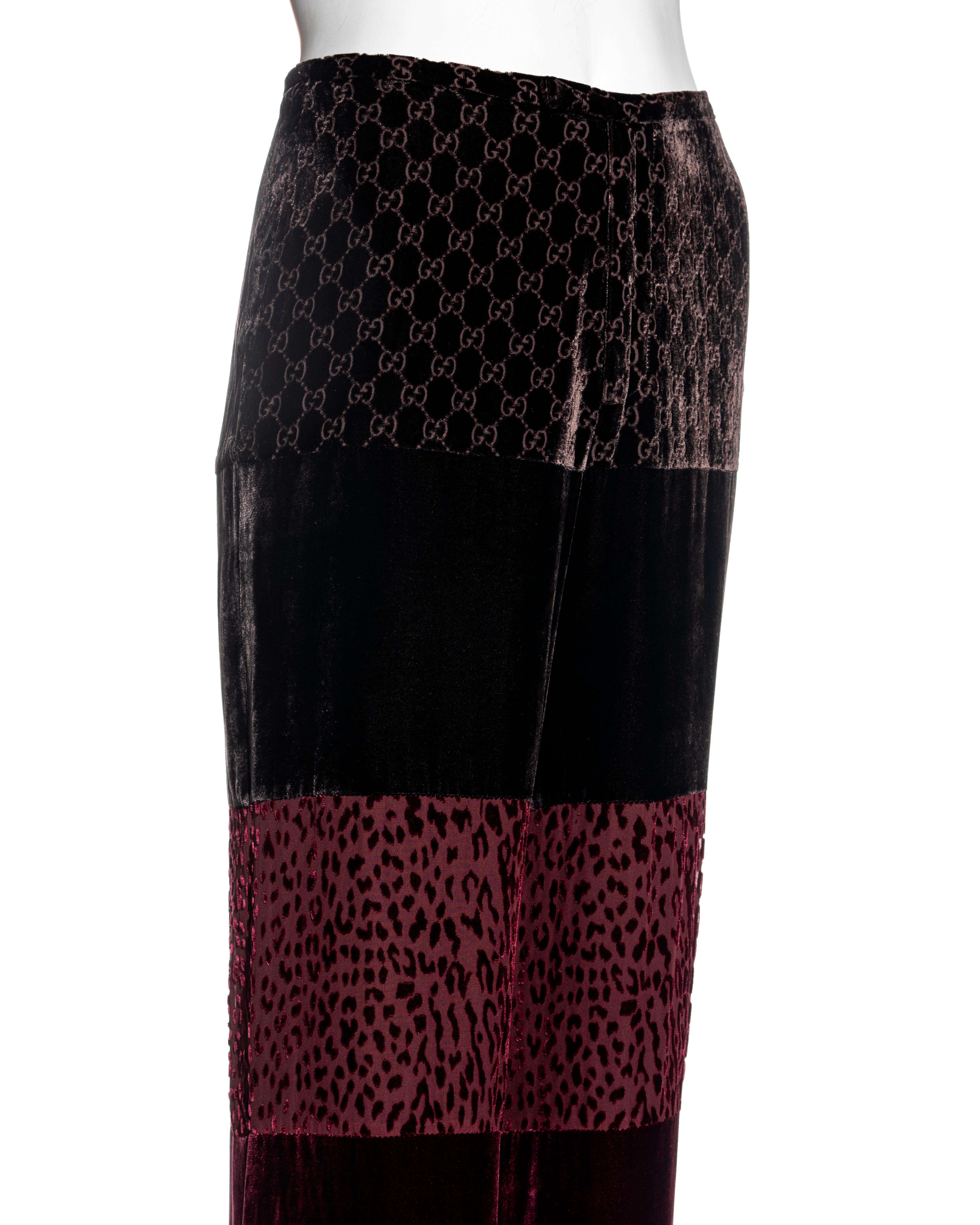 Rosso Pantaloni da sera patchwork in velluto bordeaux e marrone di Gucci by Tom Ford, primavera 1997 in vendita