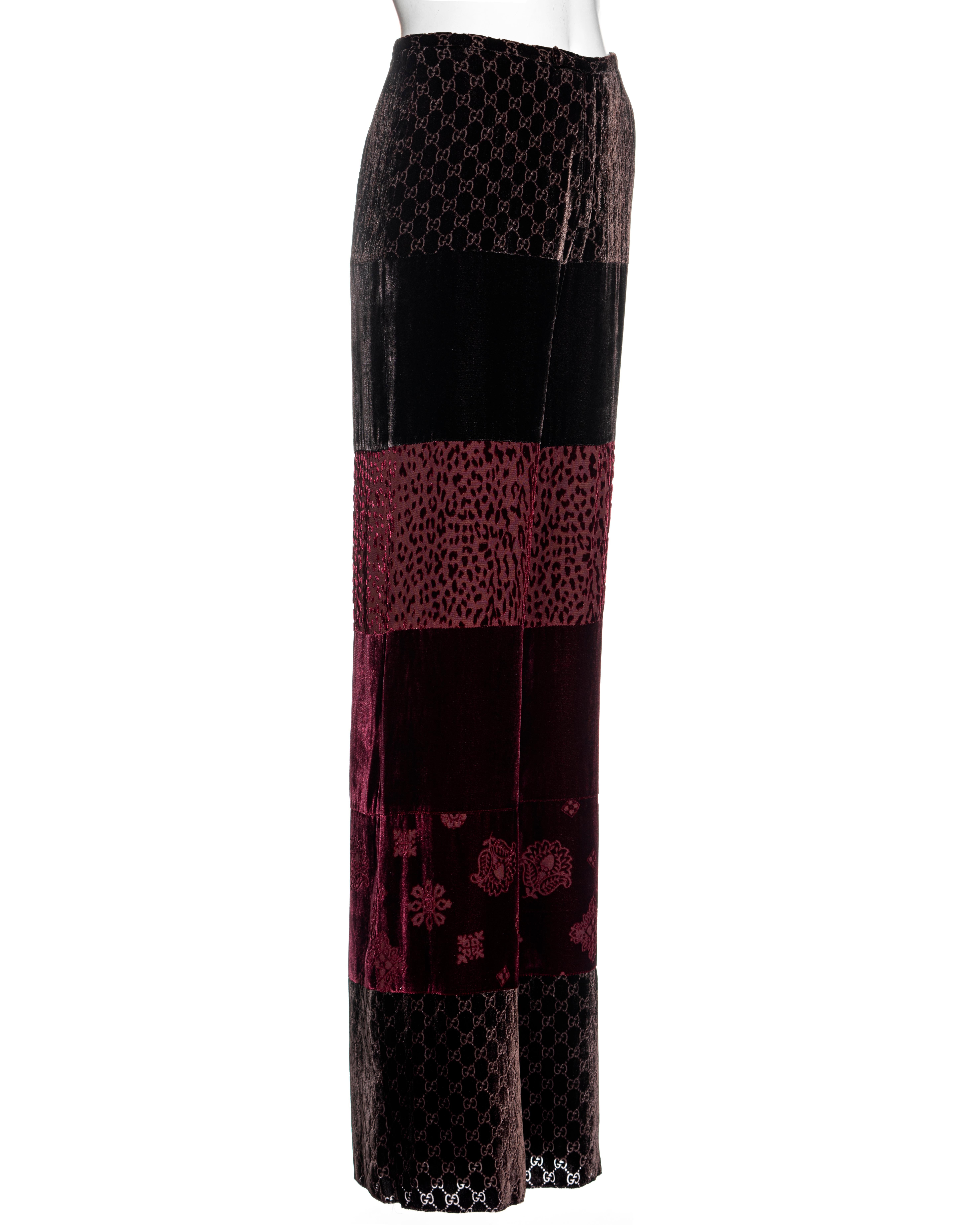 Donna Pantaloni da sera patchwork in velluto bordeaux e marrone di Gucci by Tom Ford, primavera 1997 in vendita