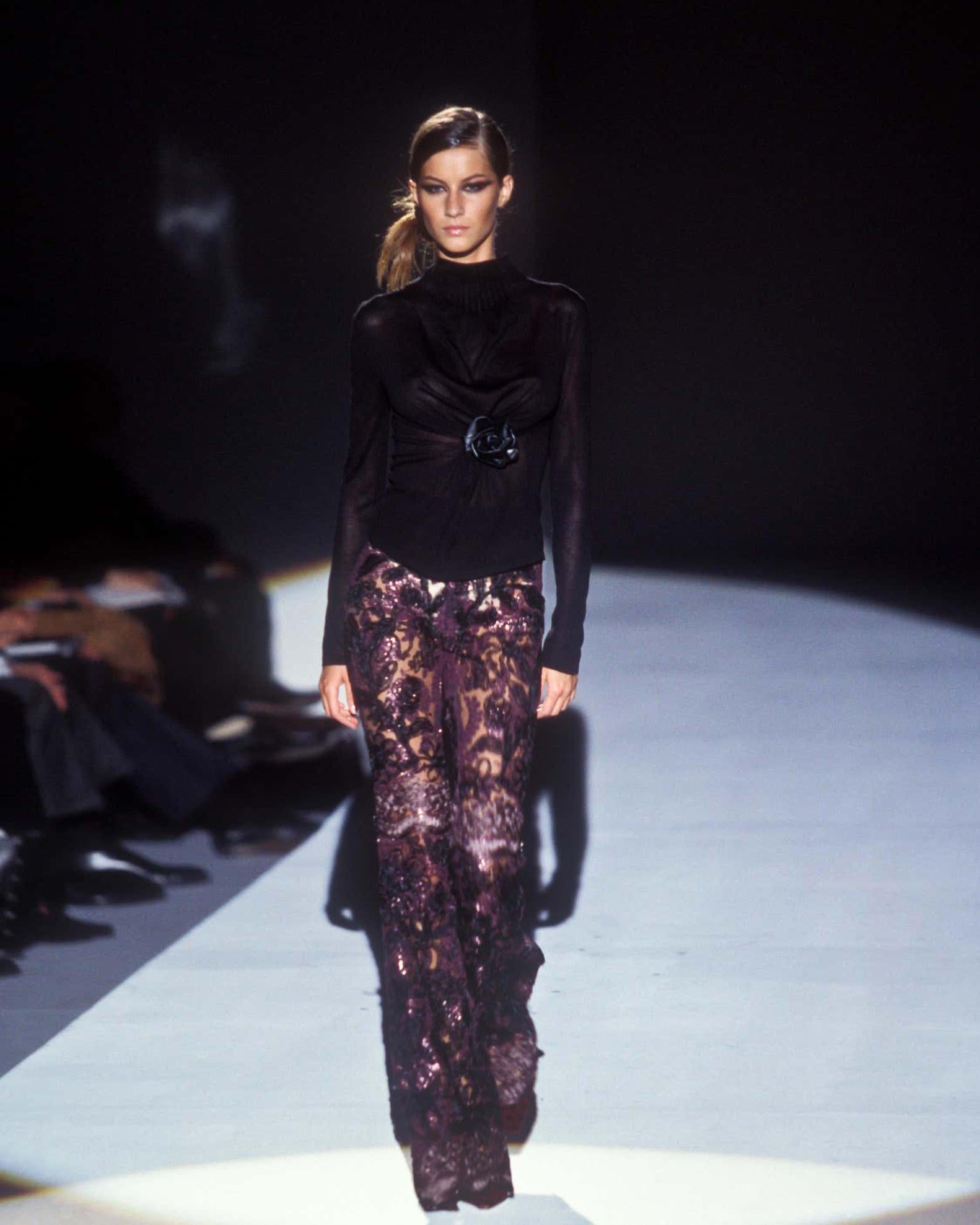 Gucci by Tom Ford burgundy lamé floral lace flared evening pants, fw 1999 In Excellent Condition For Sale In London, GB