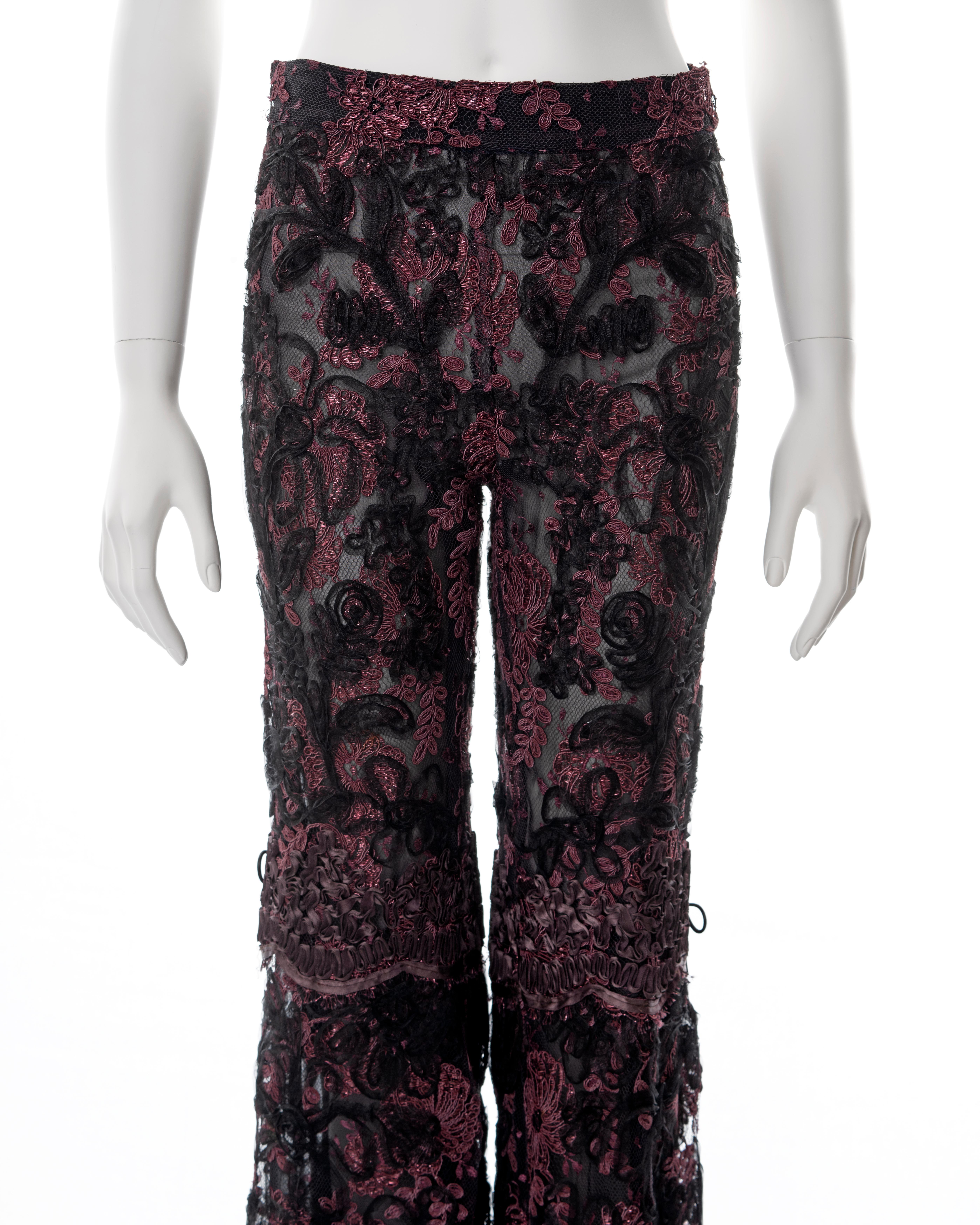 Women's Gucci by Tom Ford burgundy lamé floral lace flared evening pants, fw 1999 For Sale