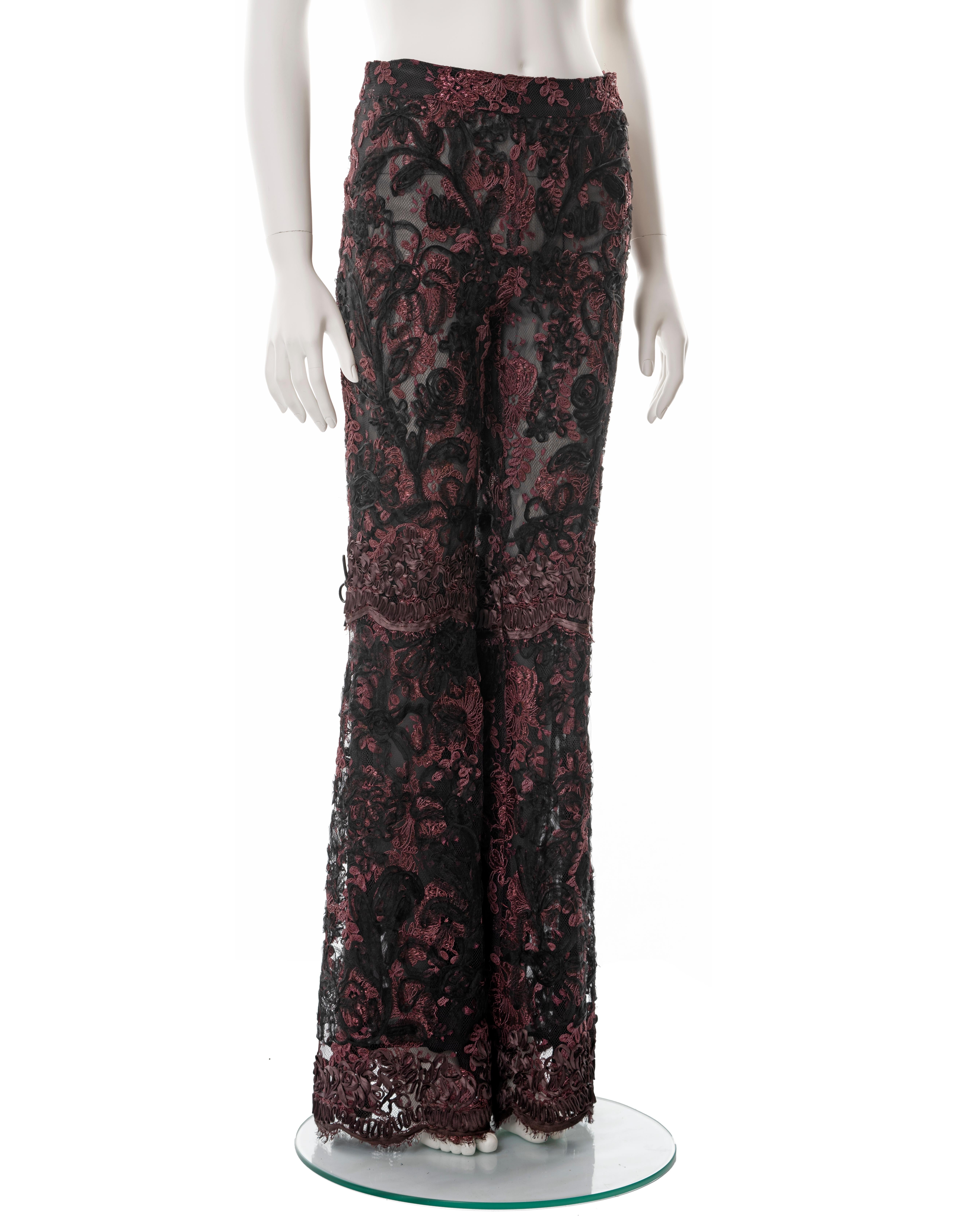 Gucci by Tom Ford burgundy lamé floral lace flared evening pants, fw 1999 For Sale 1