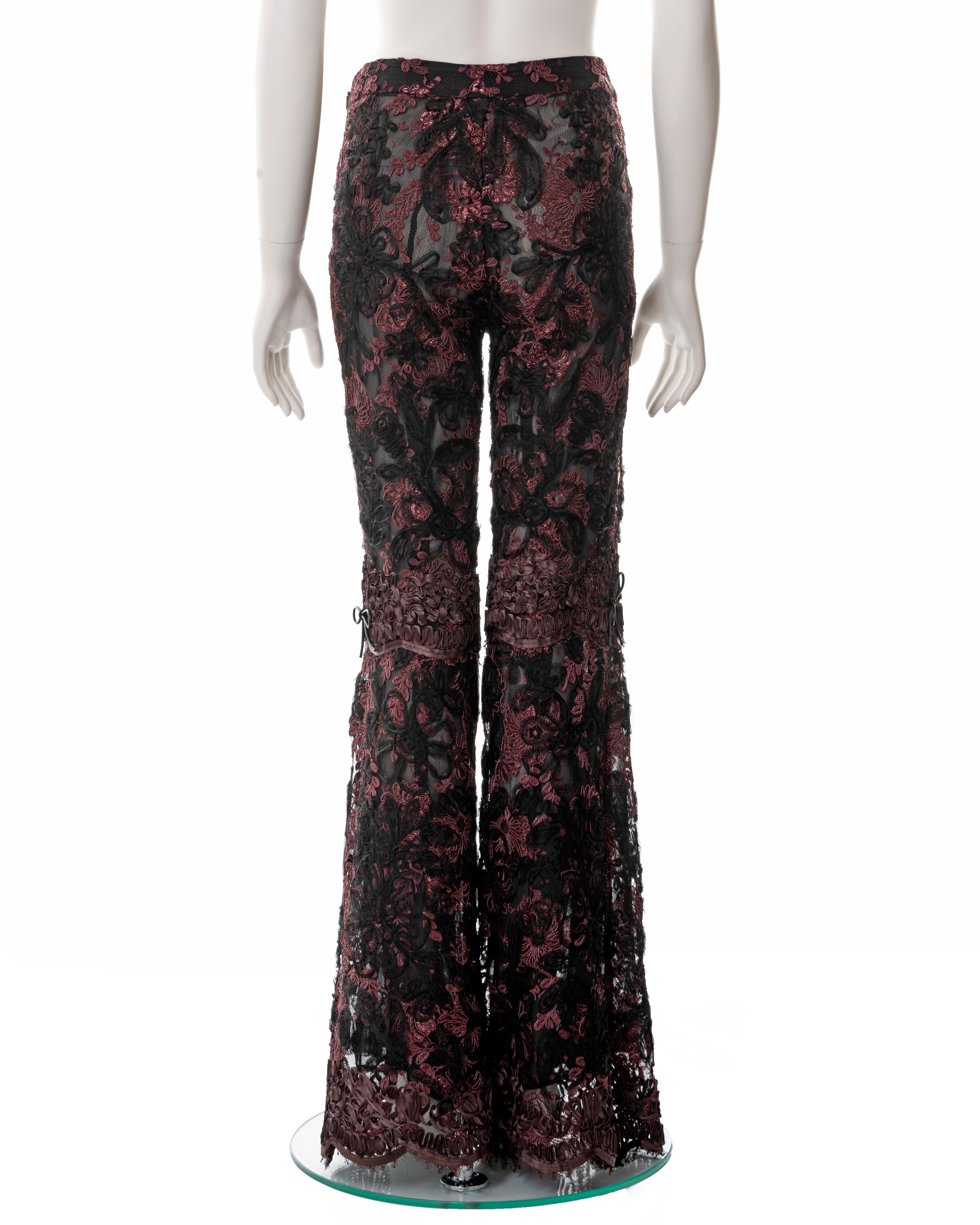 Gucci by Tom Ford burgundy lamé floral lace flared evening pants, fw 1999 For Sale 2