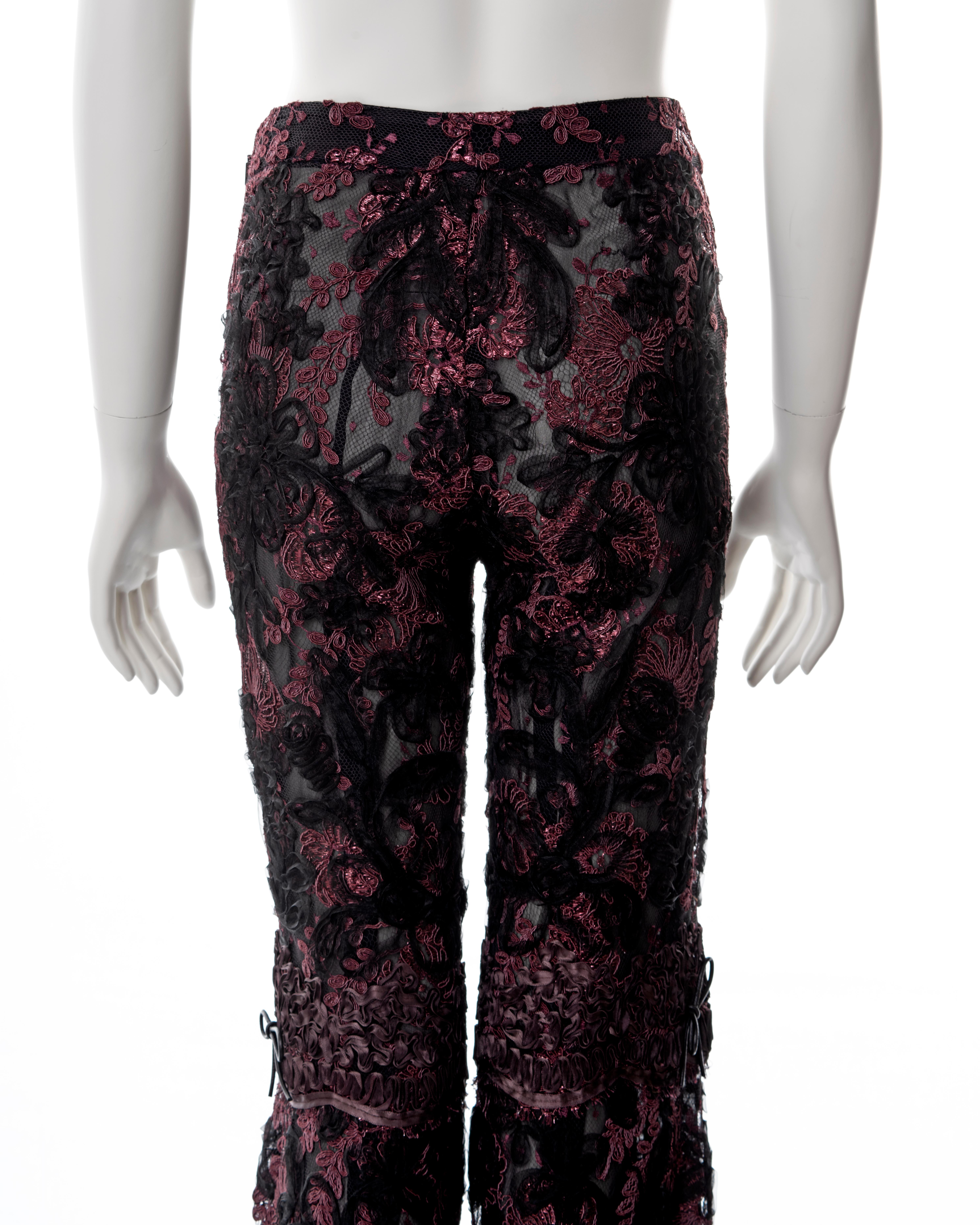 Gucci by Tom Ford burgundy lamé floral lace flared evening pants, fw 1999 For Sale 3