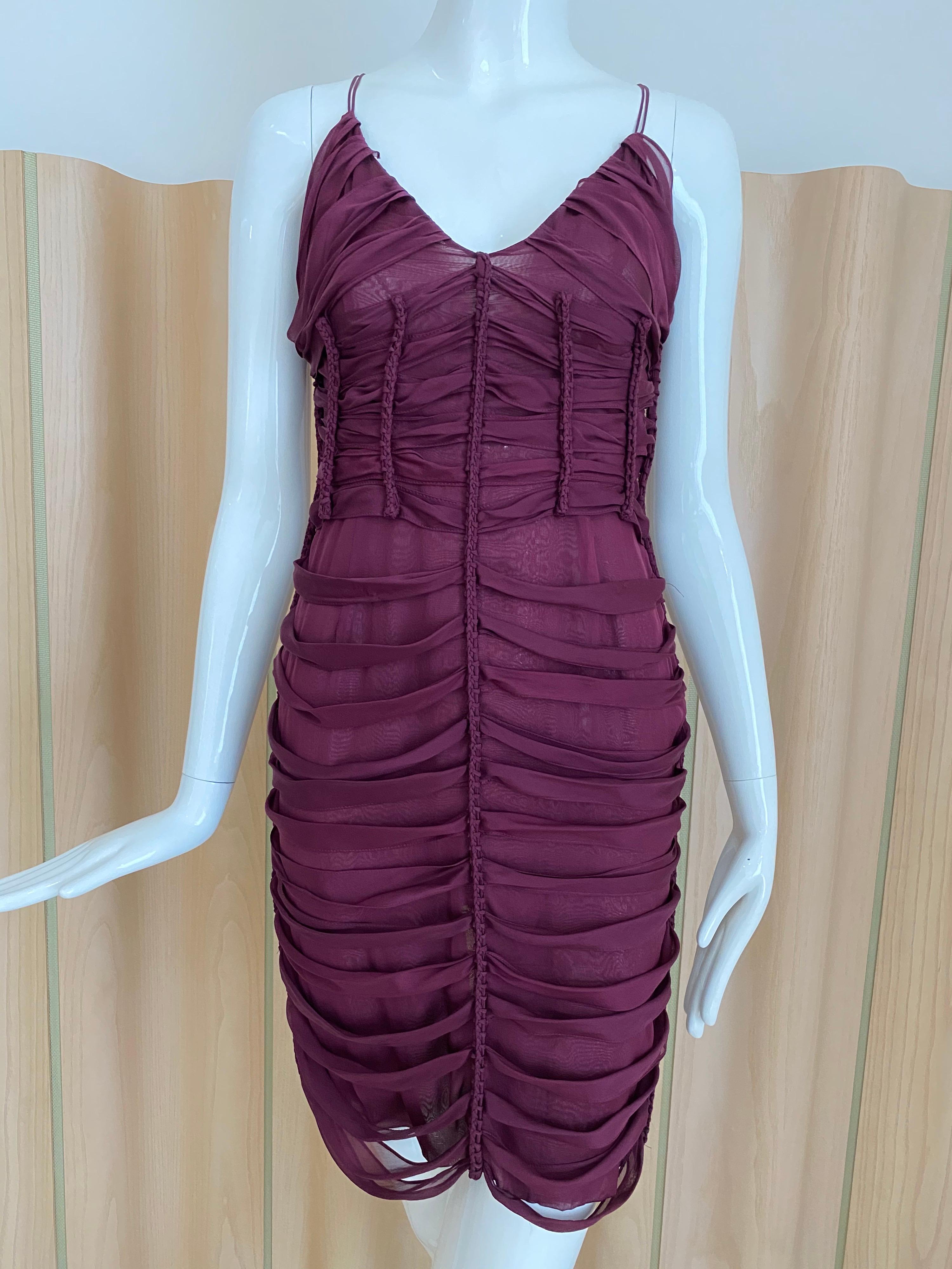 Gucci by Tom Ford sexy fitted spaghetti strap burgundy silk dress.
Size: 0/2 fit best for XS 
Measurement: Bust : 32” / Waist: 24”/ Hip: 33.5”