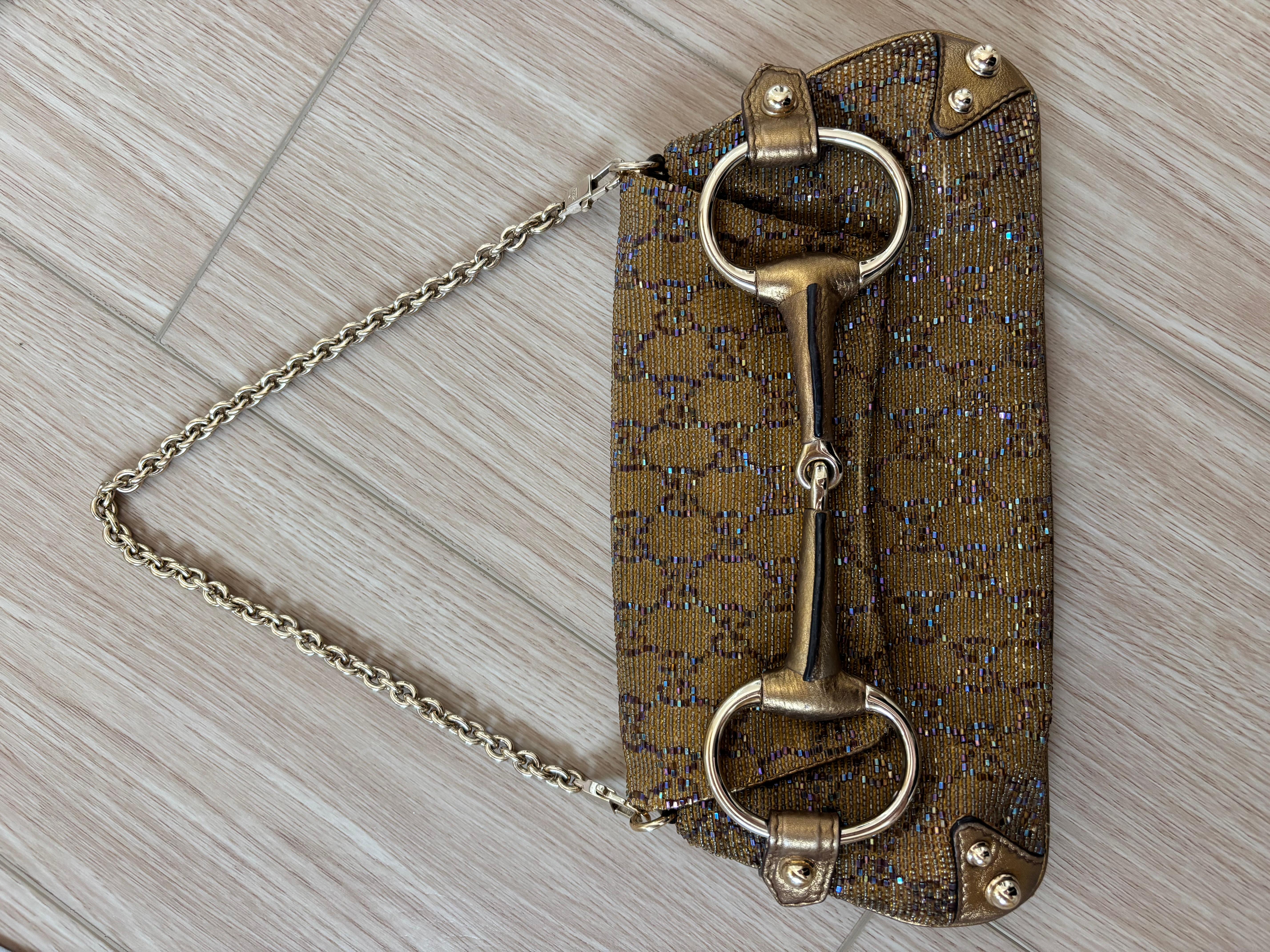 Tom Ford for Gucci
Vintage
Heavy!
Gold and Blue/Purple Iridescent Allover Beading
Yellow Gold hardware
Excellent condition, no flaws, no beads missing

FINAL SALE