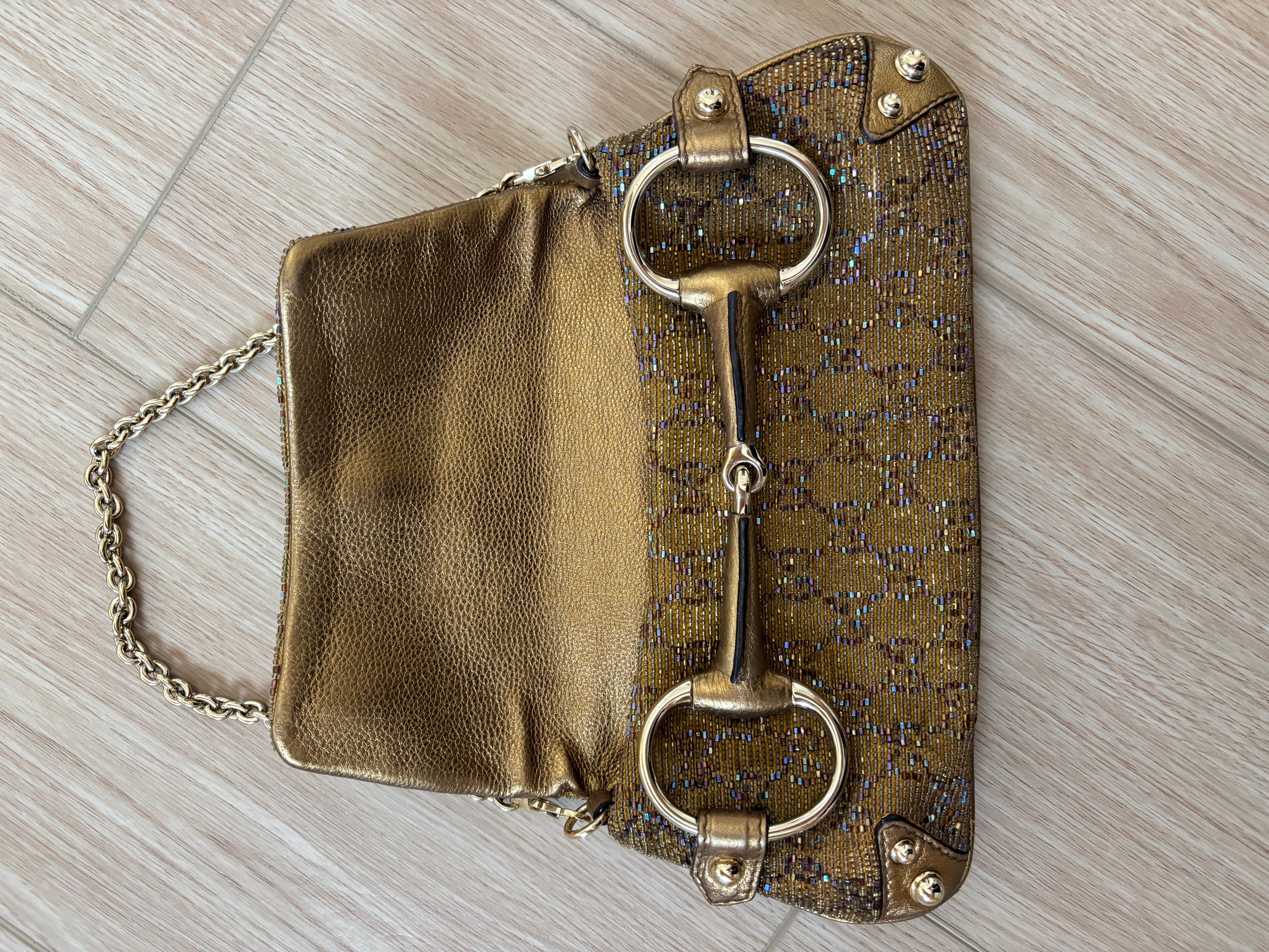 Brown GUCCI by TOM FORD c. 2004 Vintage Gold Beaded Horsebit Chain Bag
