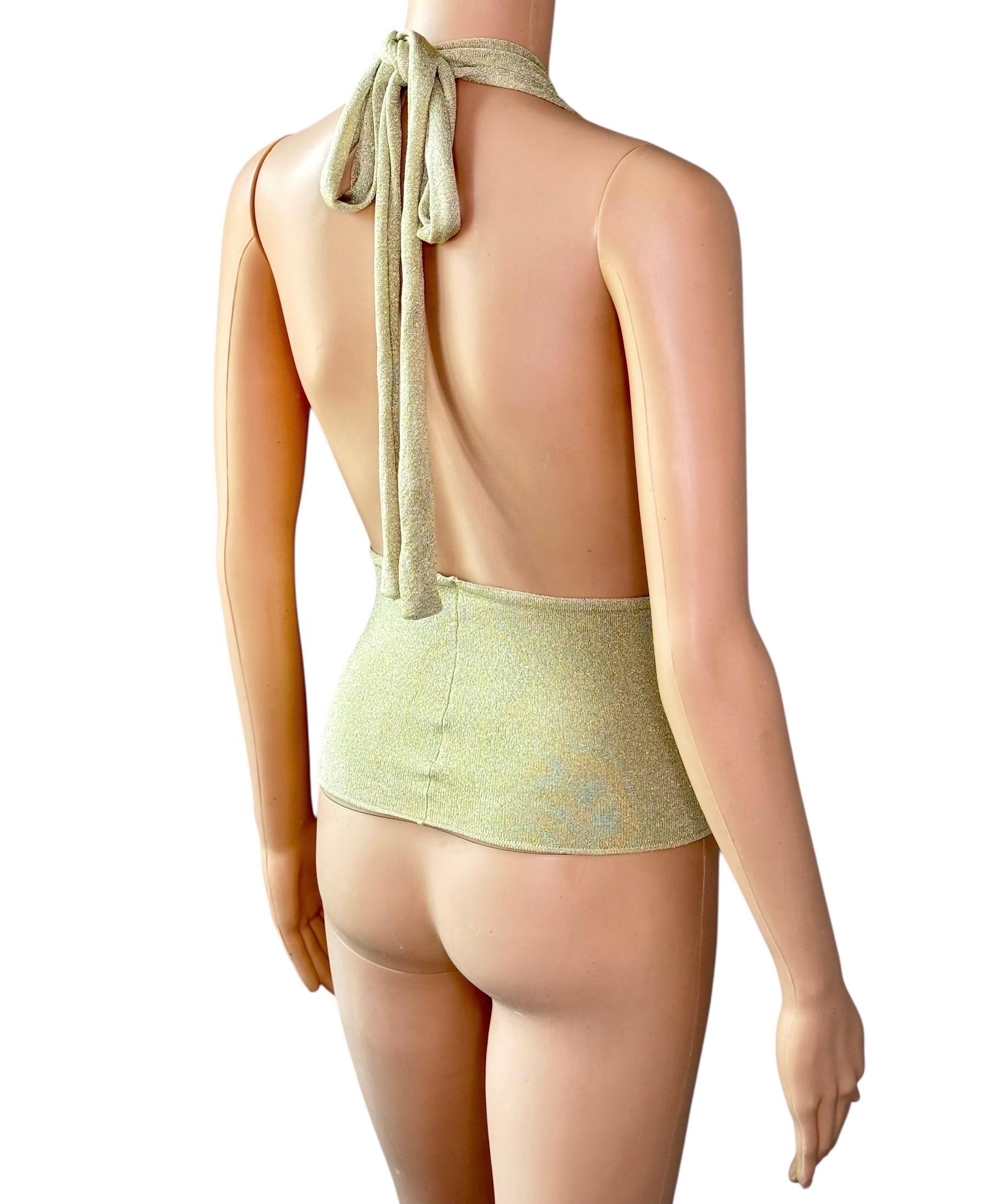 Gucci by Tom Ford c.2000 Plunging Halter Semi-Sheer Metallic Gold Knit Crop Top For Sale 6