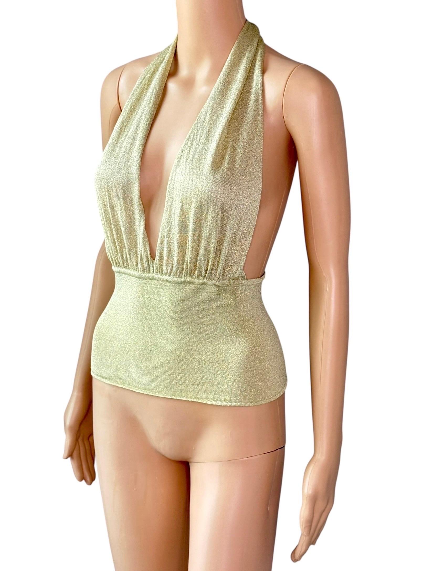 Gucci by Tom Ford c.2000 Plunging Halter Semi-Sheer Metallic Gold Knit Crop Top For Sale 7