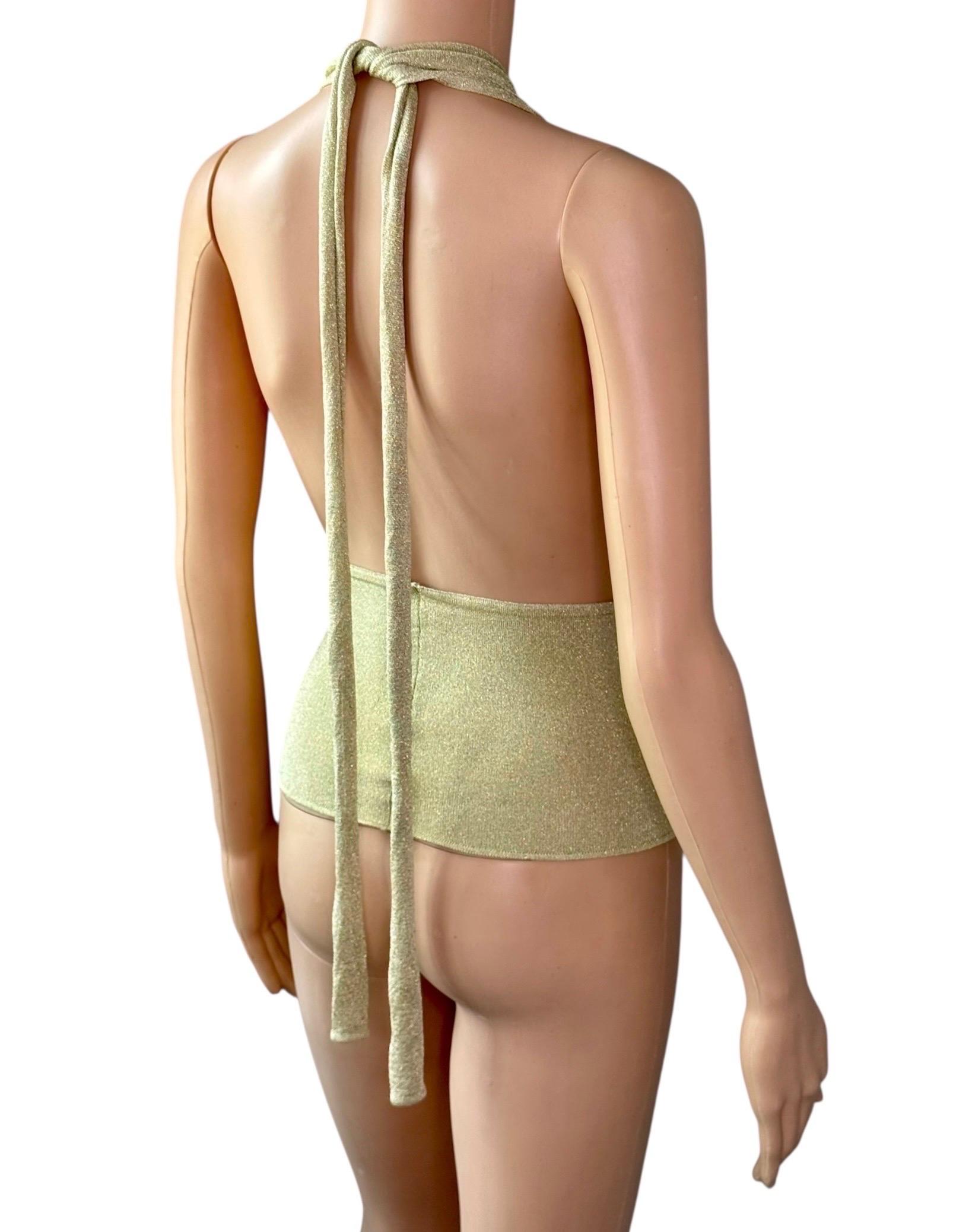 Gucci by Tom Ford c.2000 Plunging Halter Semi-Sheer Metallic Gold Knit Crop Top For Sale 8