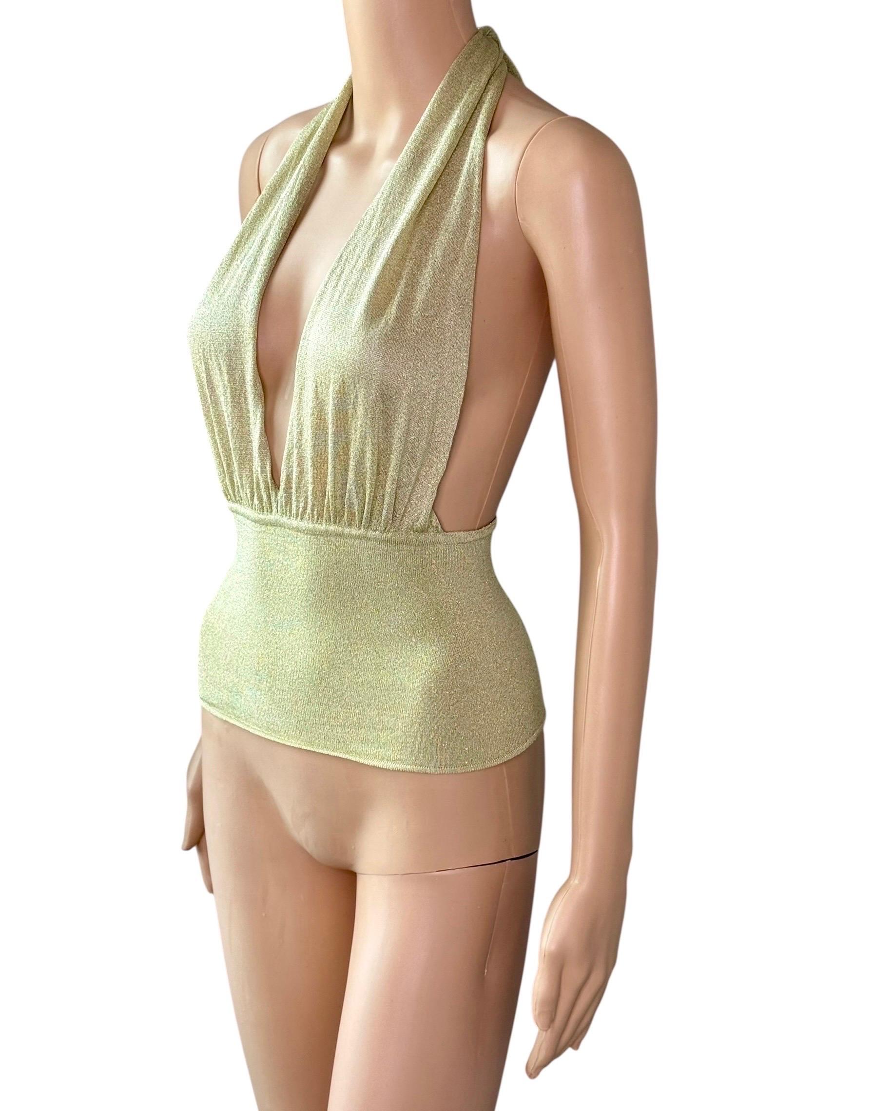 Gucci by Tom Ford c.2000 Plunging Halter Semi-Sheer Metallic Gold Knit Crop Top For Sale 10