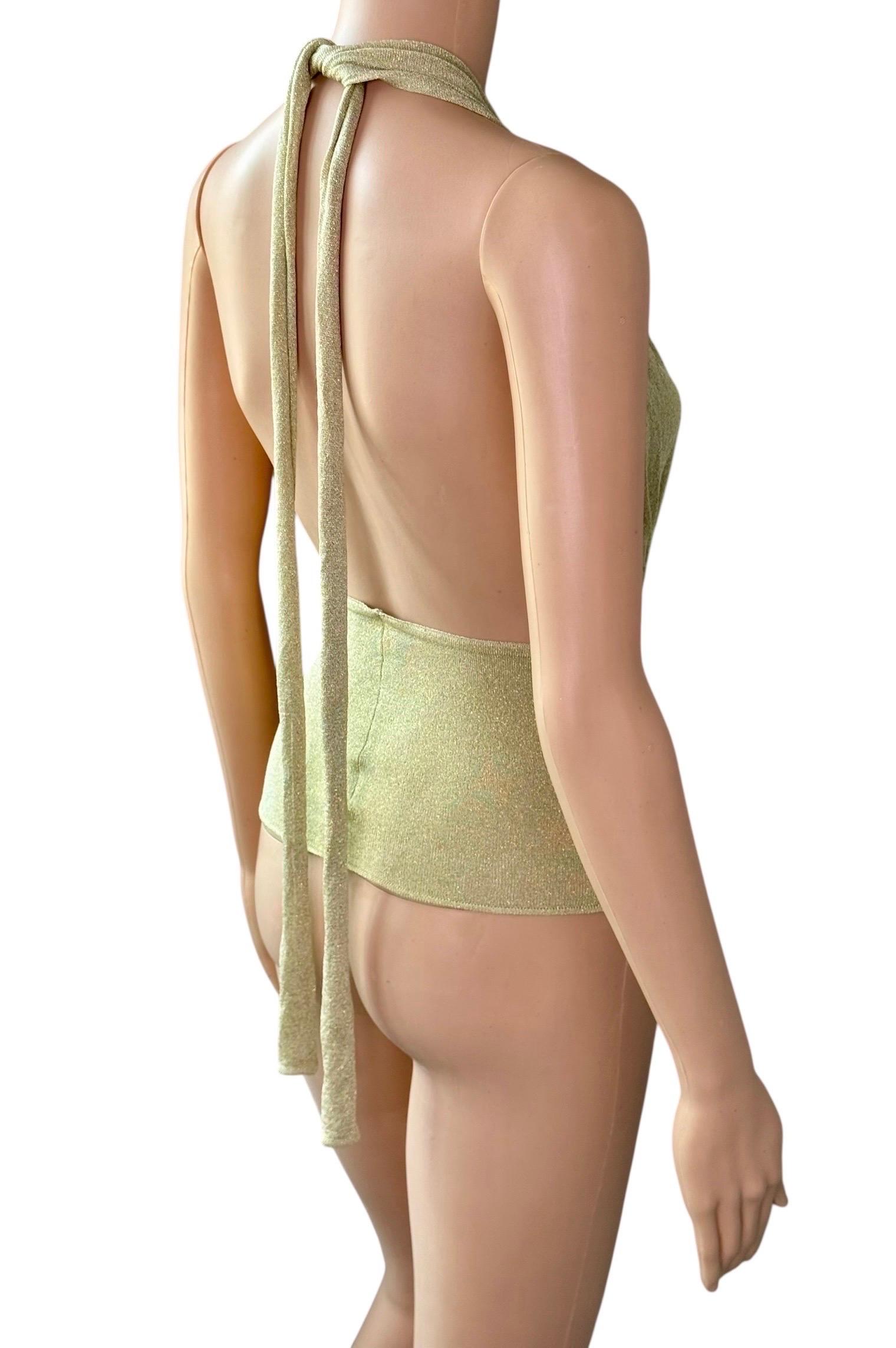Gucci by Tom Ford c.2000 Plunging Halter Semi-Sheer Metallic Gold Knit Crop Top For Sale 13