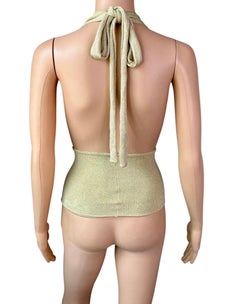 Gucci by Tom Ford c.2000 Plunging Halter Semi-Sheer Metallic Gold Knit Crop Top