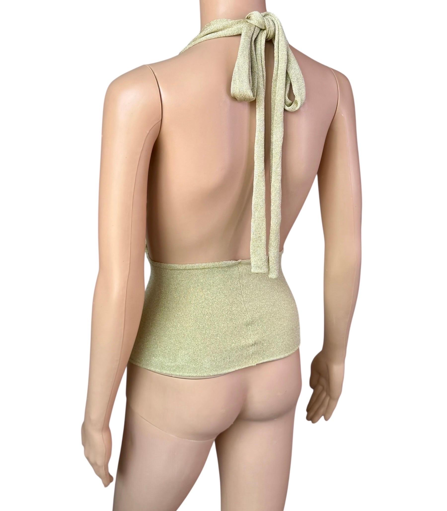 Gucci by Tom Ford c.2000 Plunging Halter Semi-Sheer Metallic Gold Knit Crop Top For Sale 2