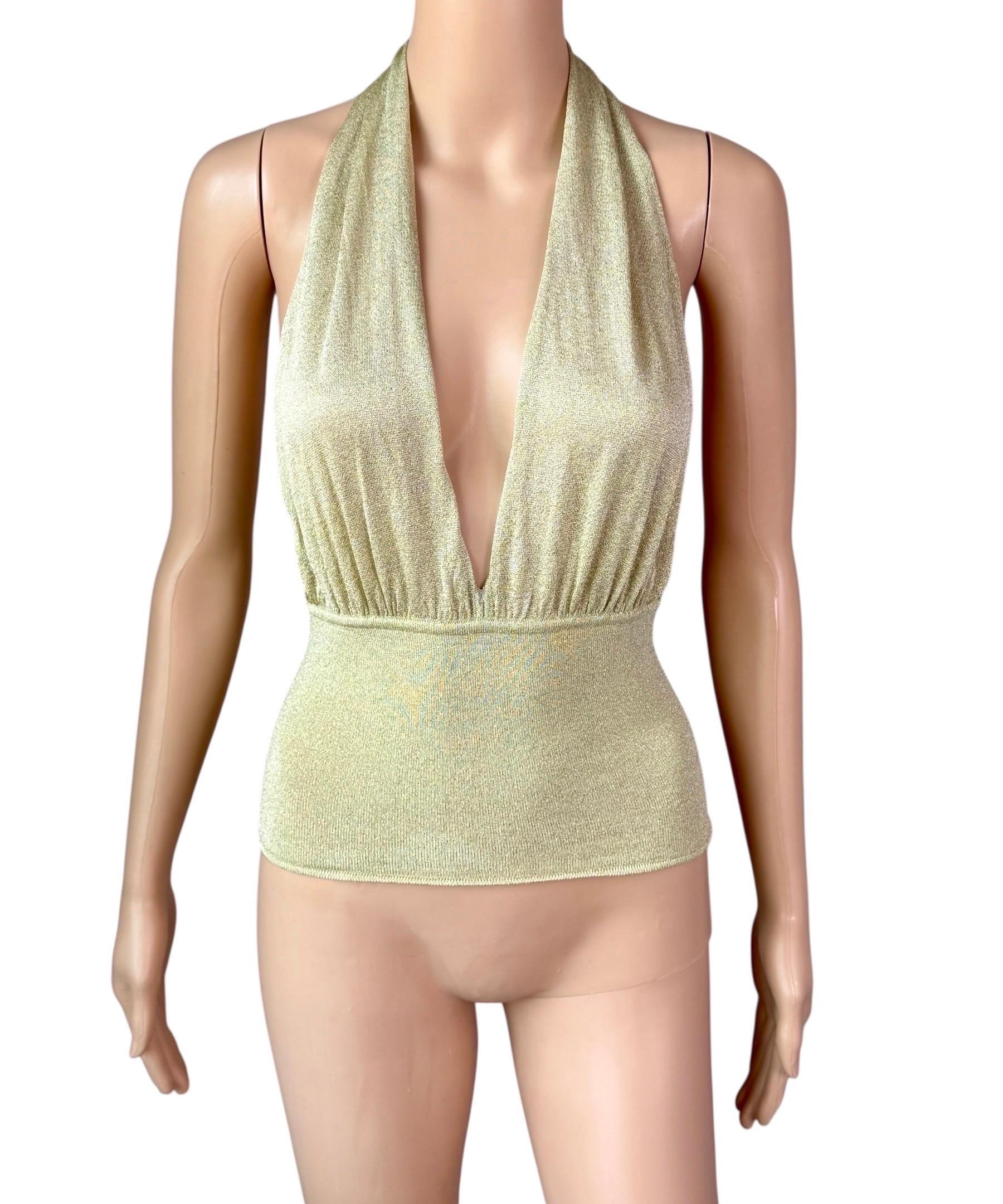 Gucci by Tom Ford c.2000 Plunging Halter Semi-Sheer Metallic Gold Knit Crop Top For Sale 3
