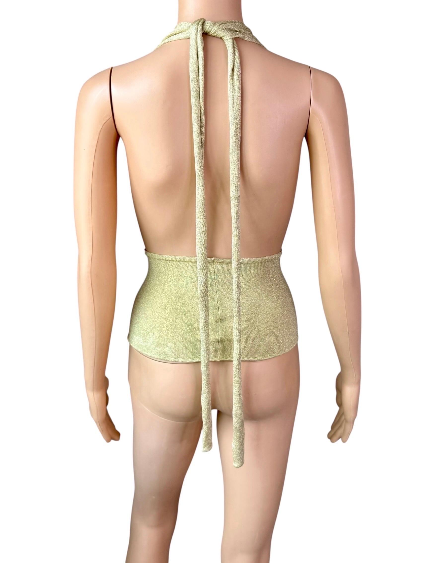 Gucci by Tom Ford c.2000 Plunging Halter Semi-Sheer Metallic Gold Knit Crop Top For Sale 4