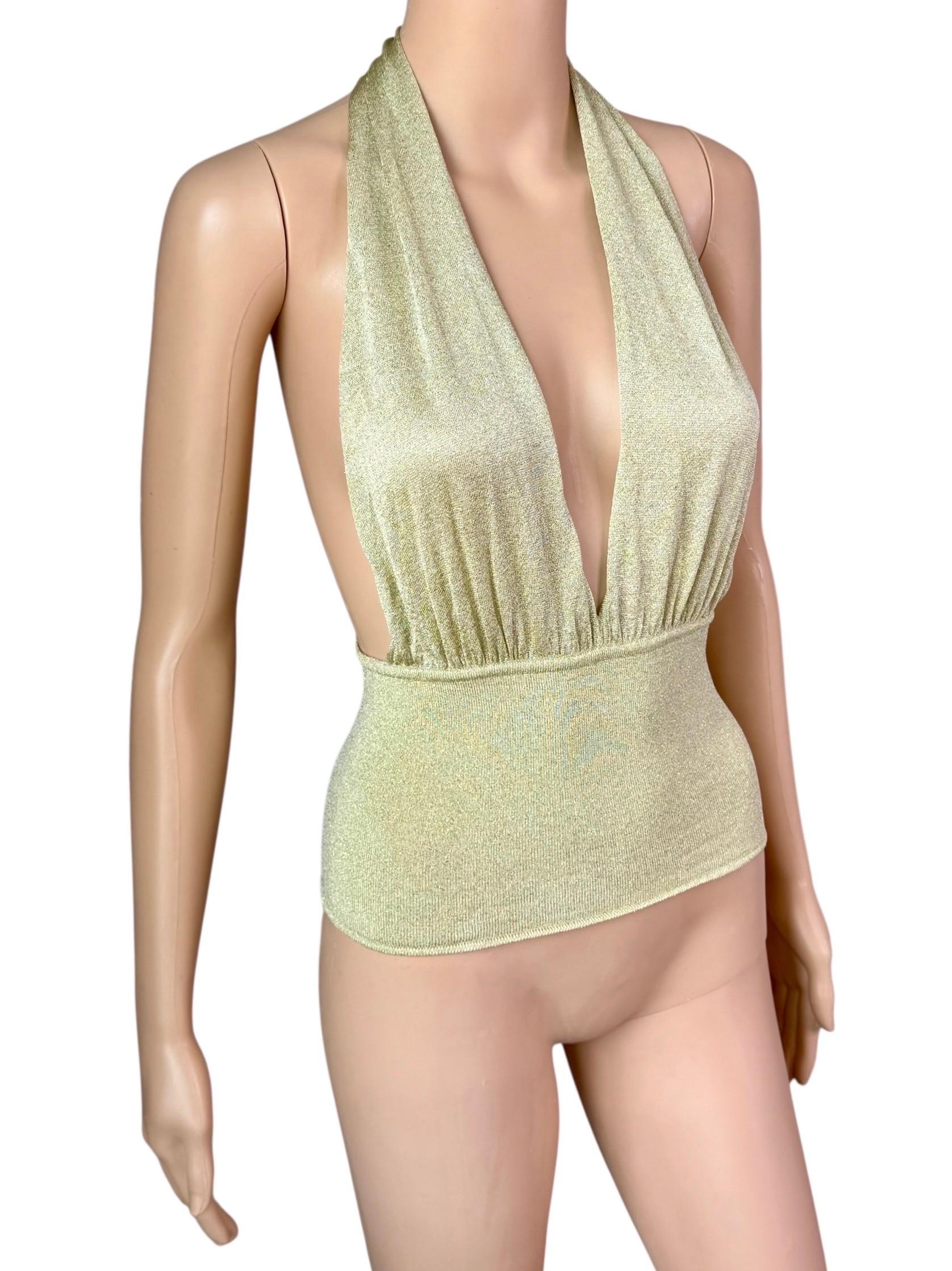 Gucci by Tom Ford c.2000 Plunging Halter Semi-Sheer Metallic Gold Knit Crop Top For Sale 5