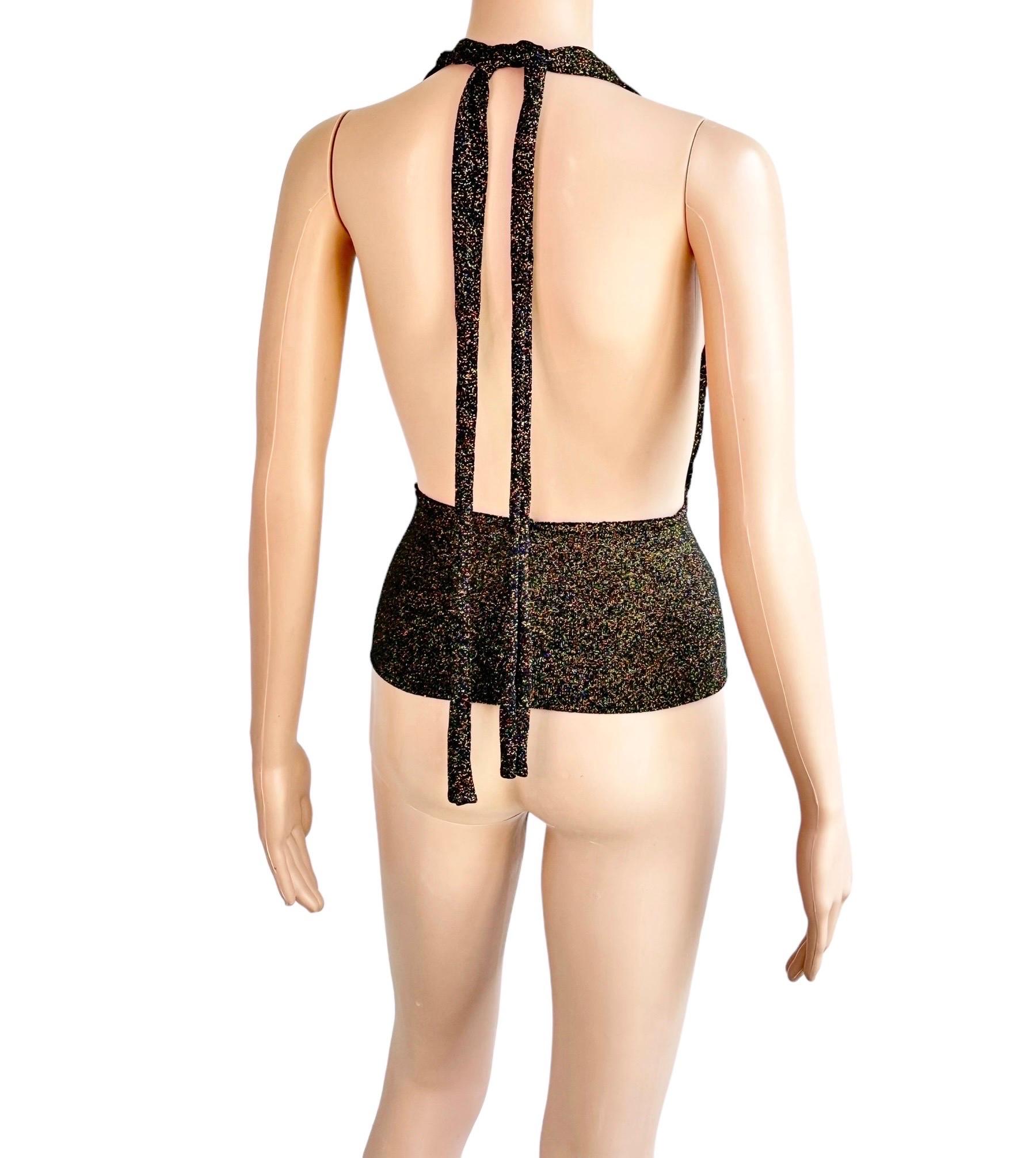 Gucci by Tom Ford c.2001 Plunging Halter Semi-Sheer Metallic Gold Knit Crop Top 5