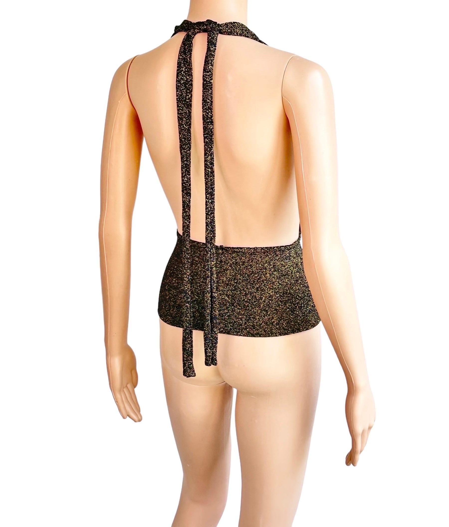 Gucci by Tom Ford c.2001 Plunging Halter Semi-Sheer Metallic Gold Knit Crop Top 6