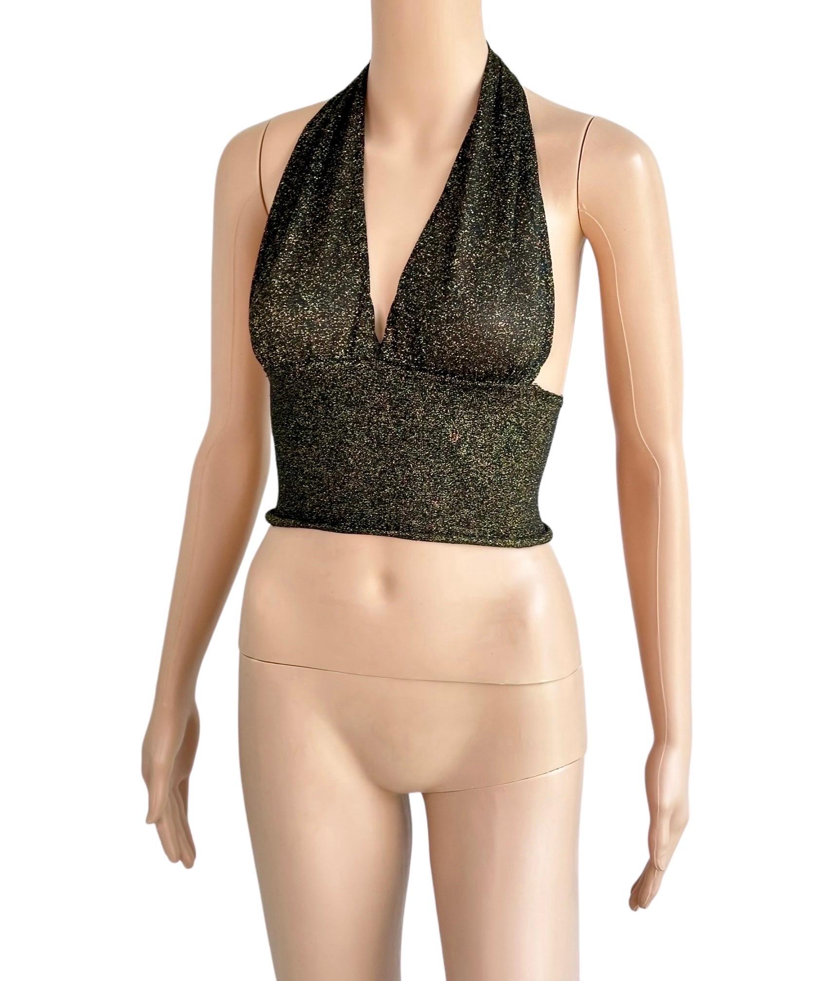 Gucci by Tom Ford c.2001 Plunging Halter Semi-Sheer Metallic Gold Knit Crop Top 7