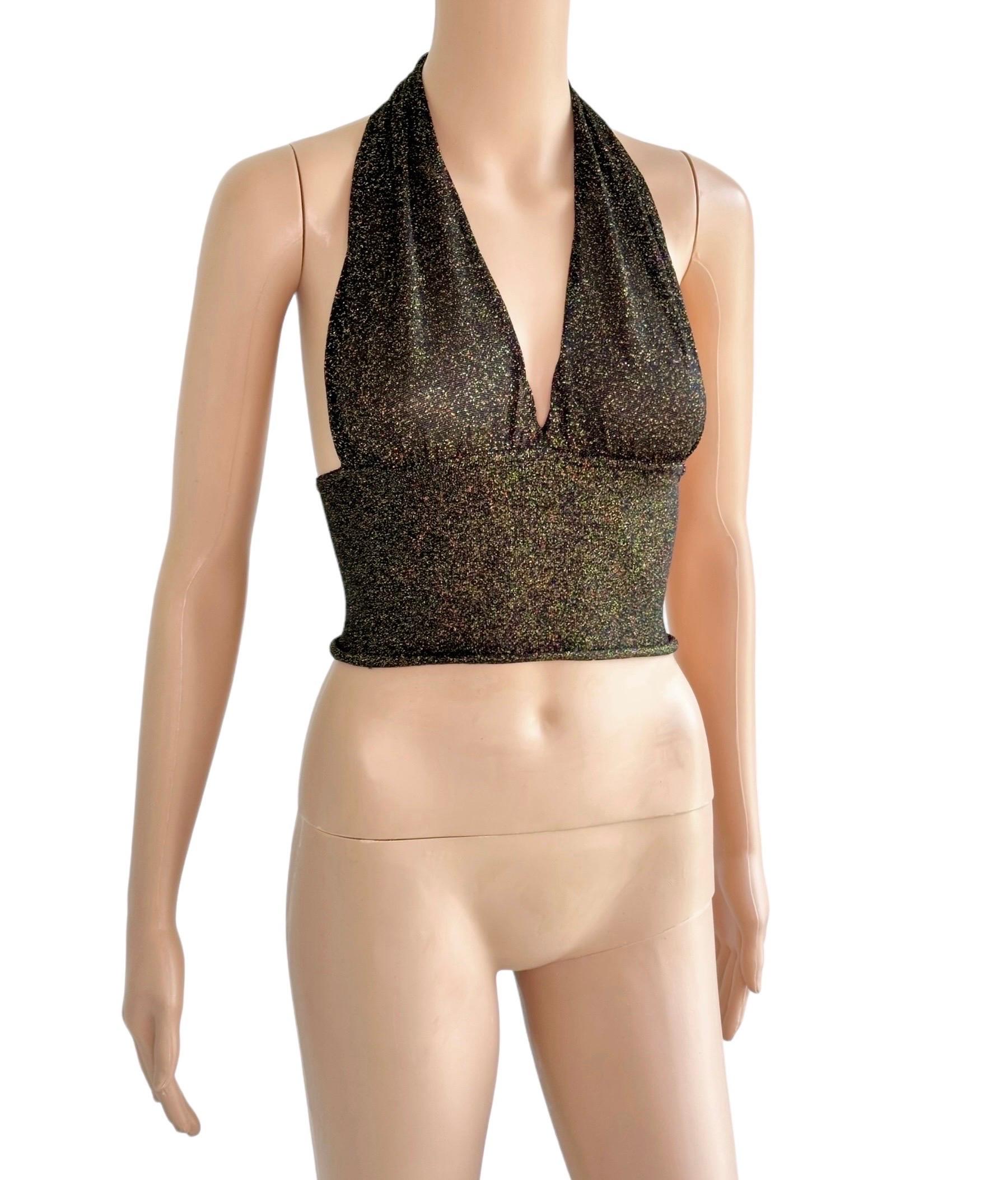 Gucci by Tom Ford c.2001 Plunging Halter Semi-Sheer Metallic Gold Knit Crop Top 8