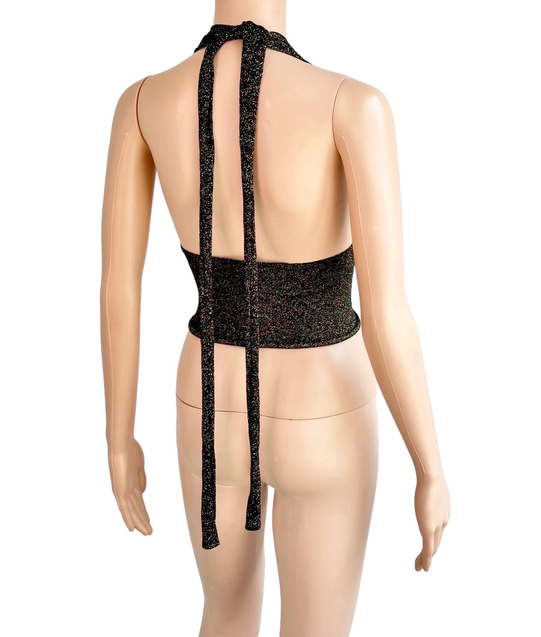 Gucci by Tom Ford c.2001 Plunging Halter Semi-Sheer Metallic Gold Knit Crop Top 9