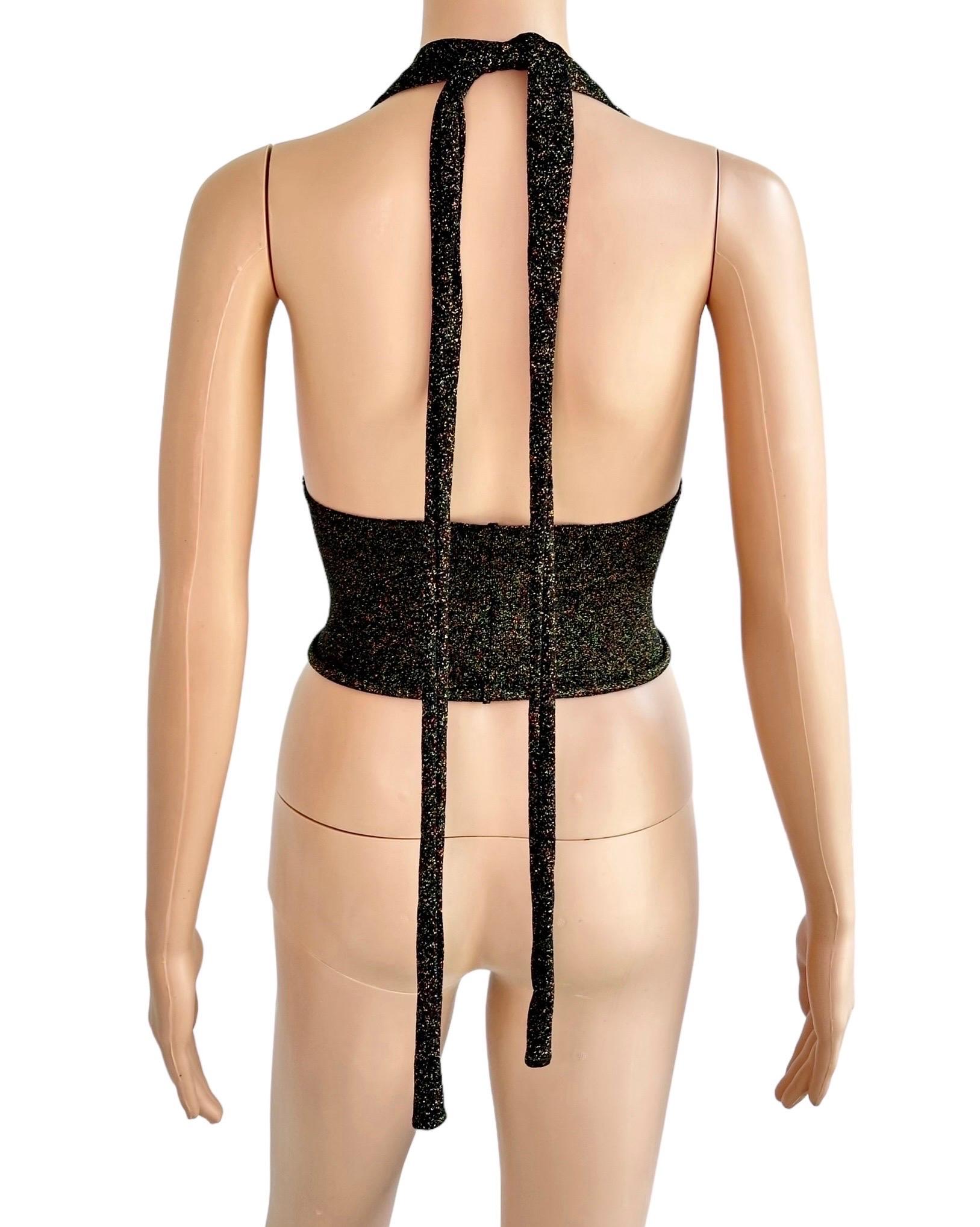 Gucci by Tom Ford c.2001 Plunging Halter Semi-Sheer Metallic Gold Knit Crop Top 10