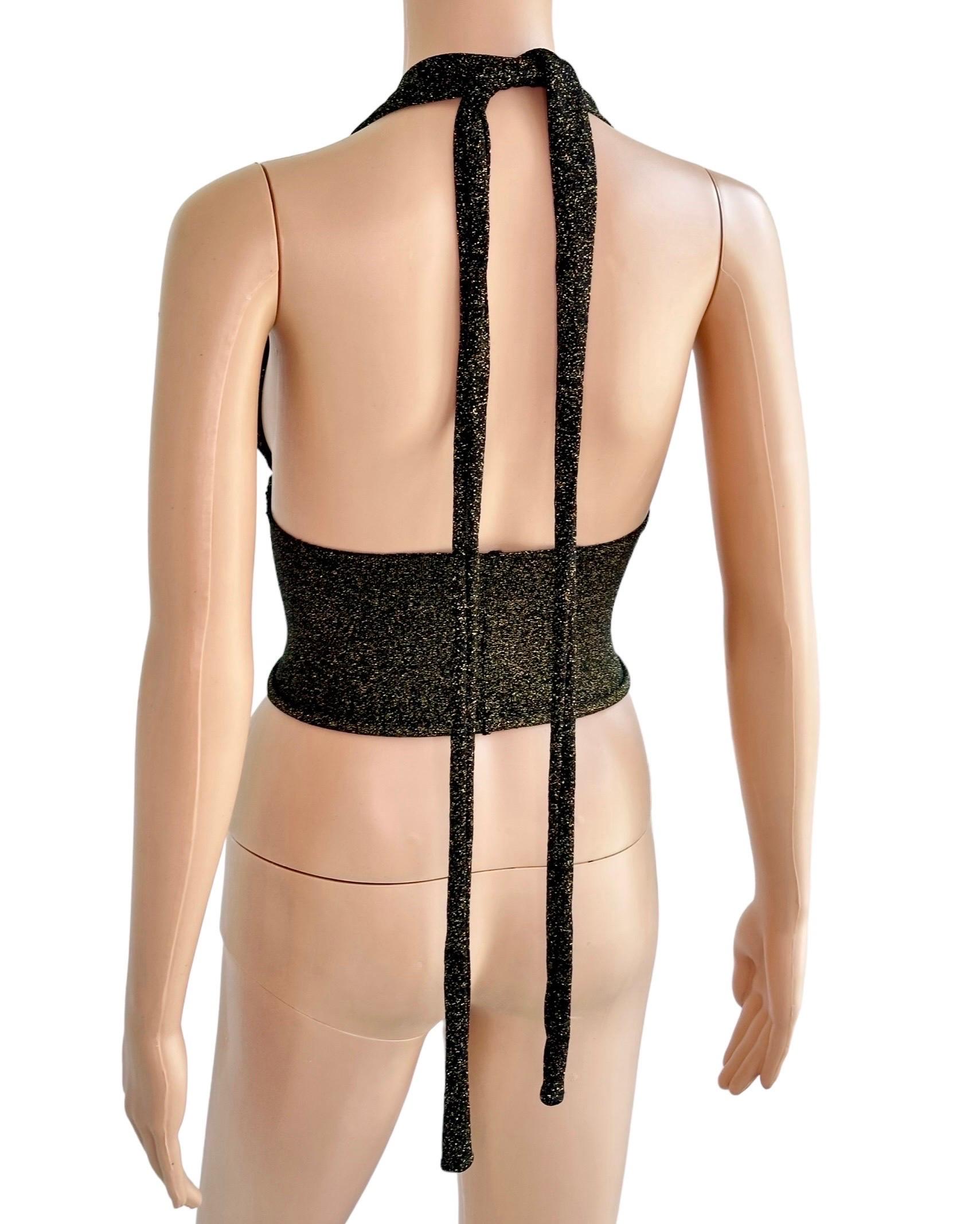 Gucci by Tom Ford c.2001 Plunging Halter Semi-Sheer Metallic Gold Knit Crop Top 11