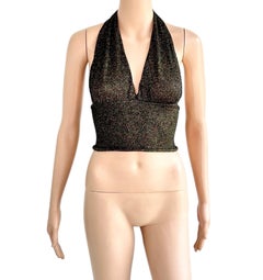 Gucci by Tom Ford c.2001 Plunging Halter Semi-Sheer Metallic Gold Knit Crop Top