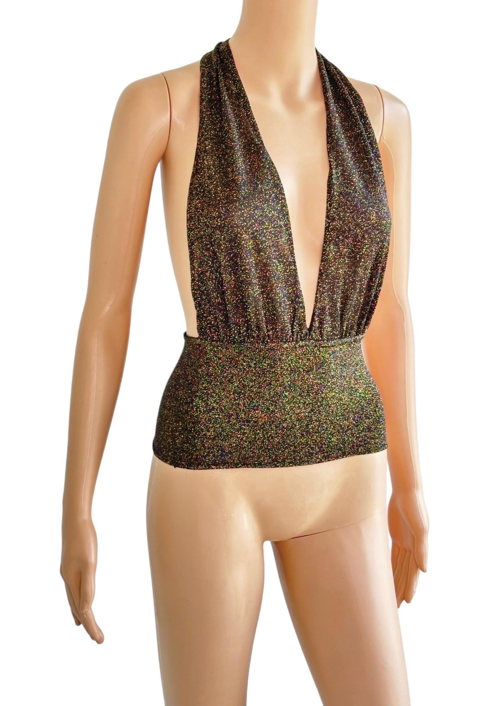 Black Gucci by Tom Ford c.2001 Plunging Halter Semi-Sheer Metallic Gold Knit Crop Top