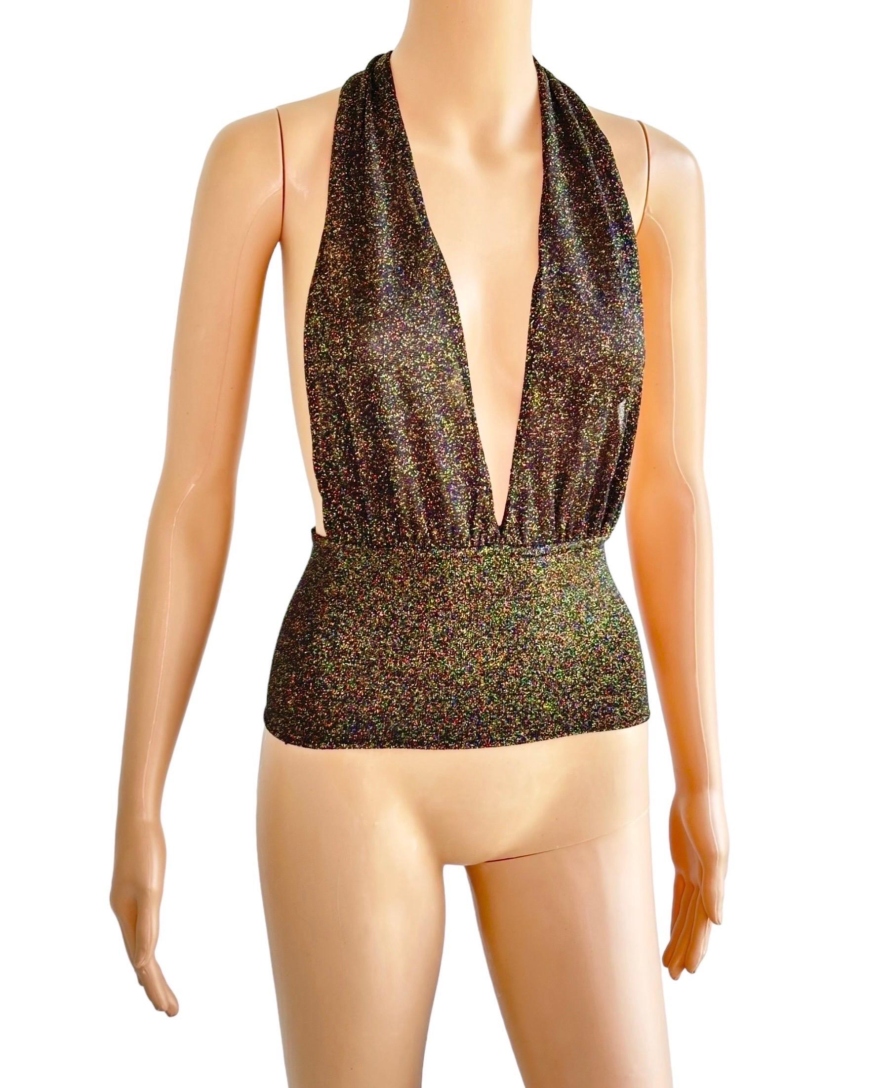 Gucci by Tom Ford c.2001 Plunging Halter Semi-Sheer Metallic Gold Knit Crop Top In Good Condition In Naples, FL