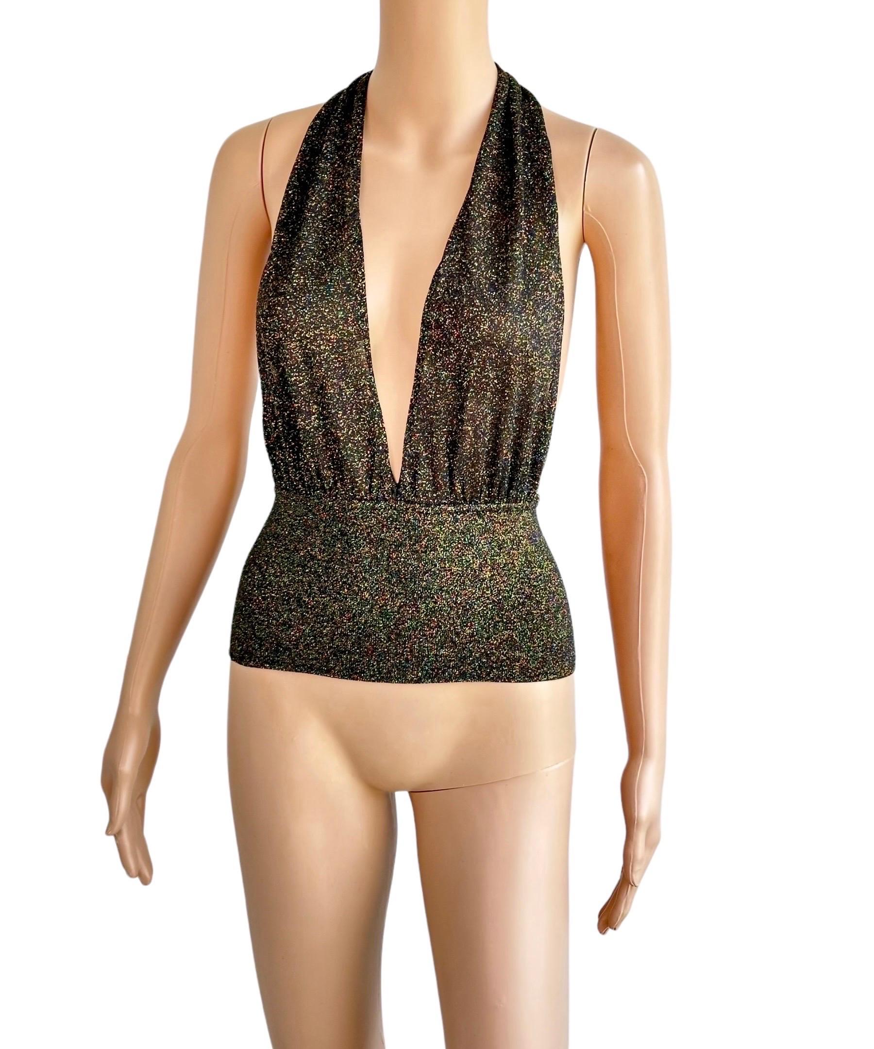 Women's Gucci by Tom Ford c.2001 Plunging Halter Semi-Sheer Metallic Gold Knit Crop Top