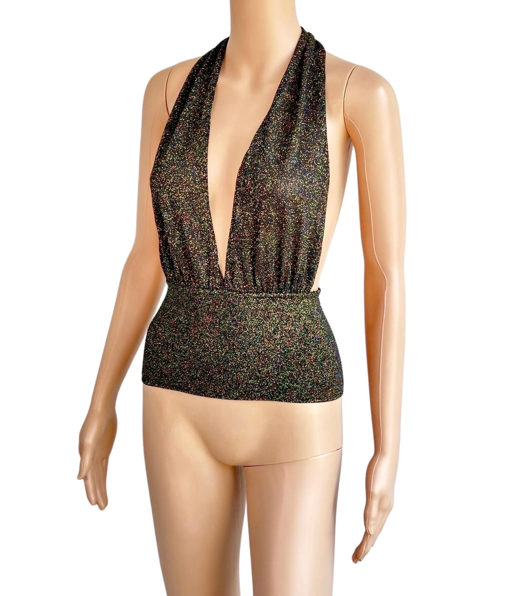 Gucci by Tom Ford c.2001 Plunging Halter Semi-Sheer Metallic Gold Knit Crop Top 1