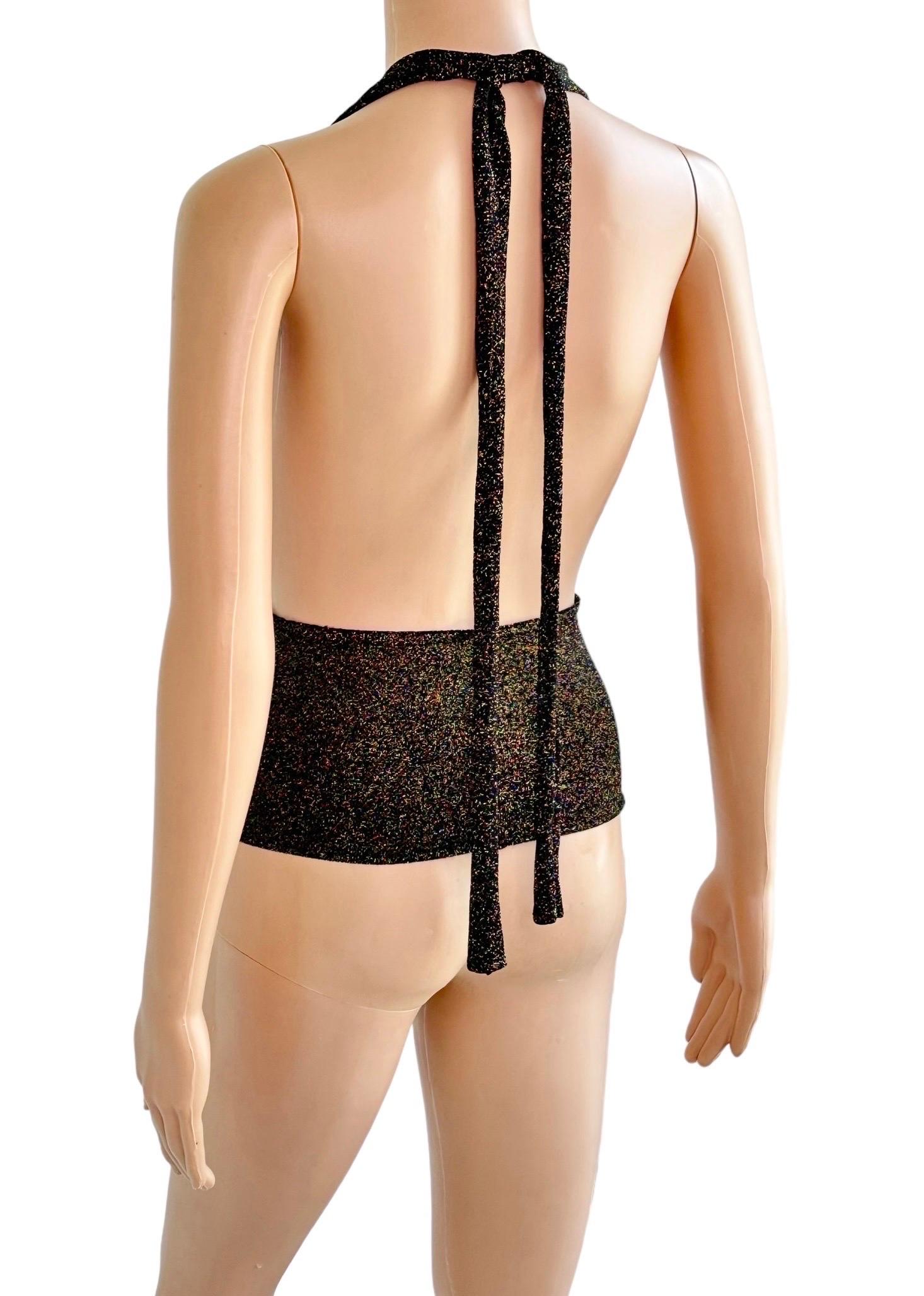Gucci by Tom Ford c.2001 Plunging Halter Semi-Sheer Metallic Gold Knit Crop Top 2