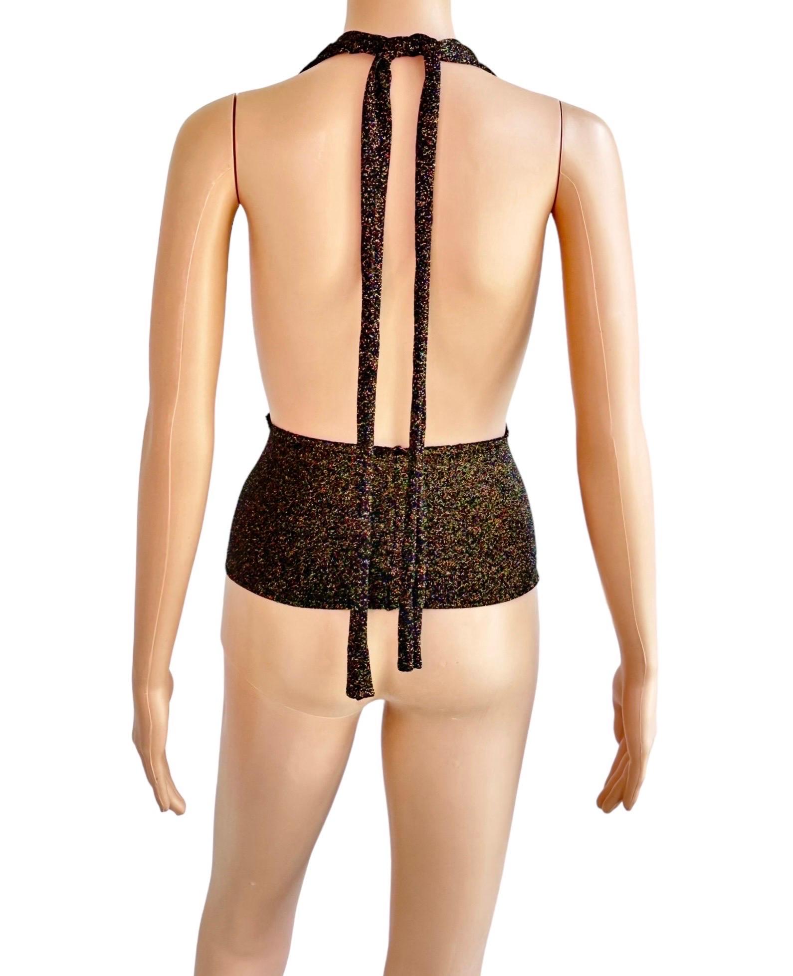 Gucci by Tom Ford c.2001 Plunging Halter Semi-Sheer Metallic Gold Knit Crop Top 3