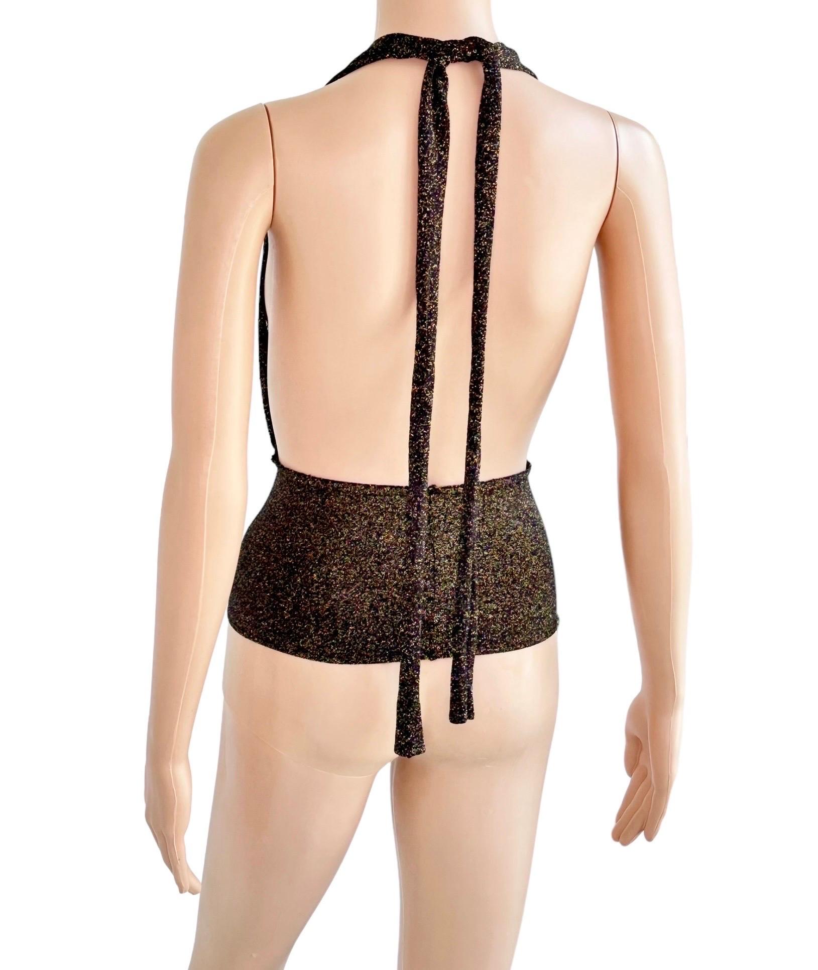 Gucci by Tom Ford c.2001 Plunging Halter Semi-Sheer Metallic Gold Knit Crop Top 4