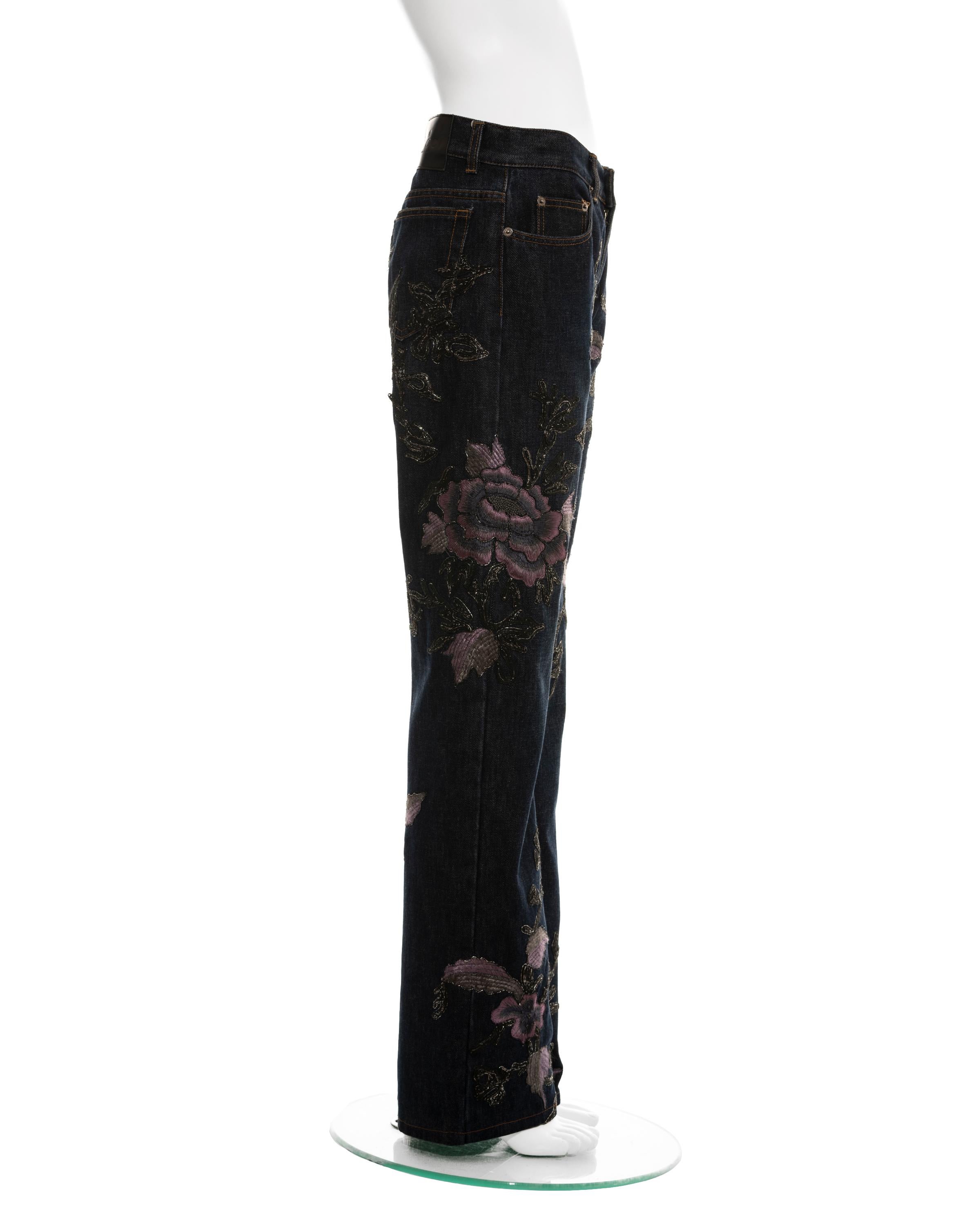 Black Gucci by Tom Ford denim jeans with floral embroidery, fw 1999 For Sale