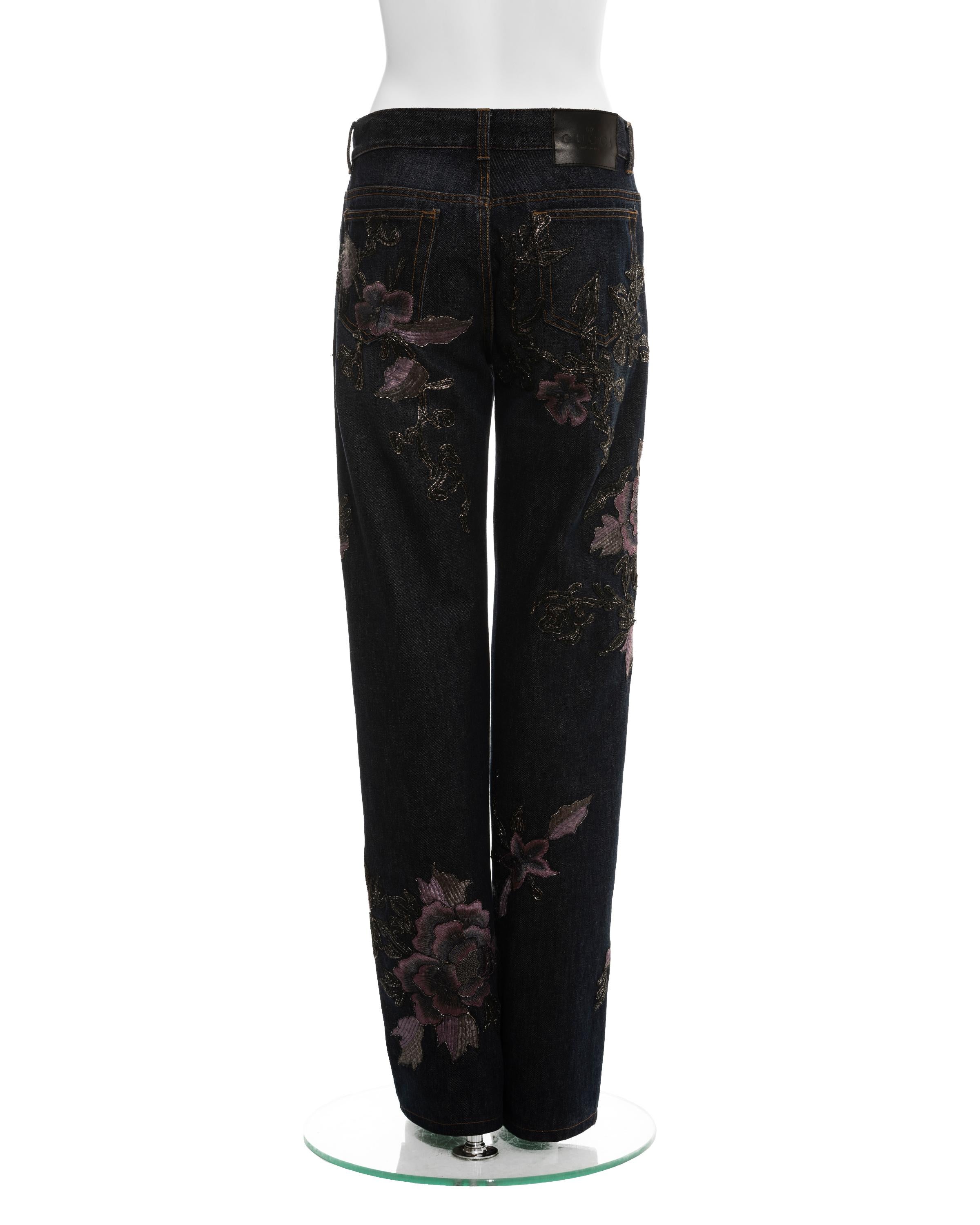 Gucci by Tom Ford denim jeans with floral embroidery, fw 1999 In Good Condition For Sale In London, GB
