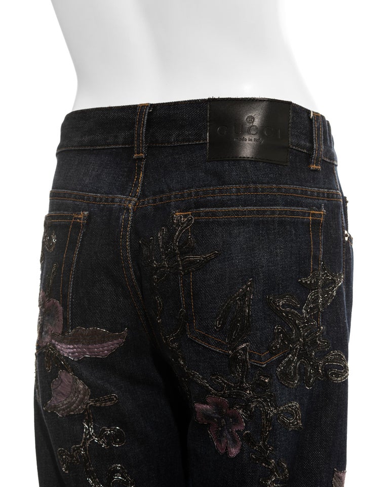 Gucci by Tom Ford denim jeans with floral embroidery, fw 1999 For Sale at  1stDibs | gucci floral denim, gucci flower jeans, mens flower jeans