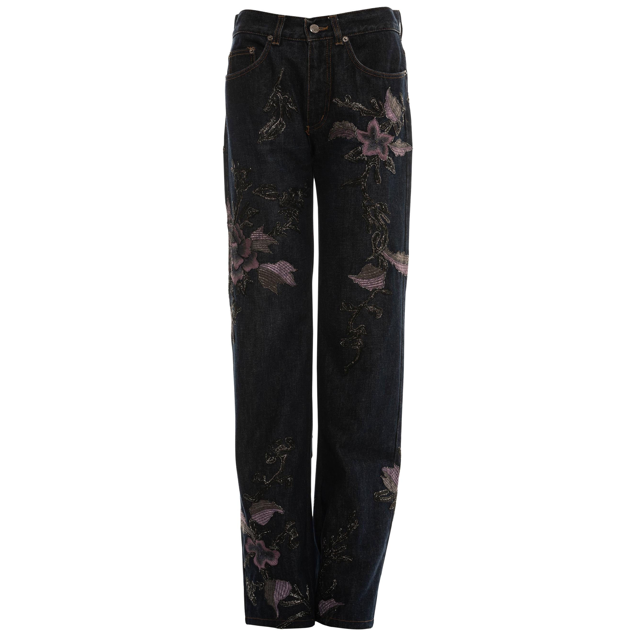 Gucci by Tom Ford denim jeans with floral embroidery, fw 1999 For Sale