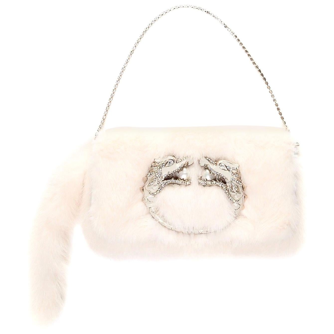 NEW Gucci by Tom Ford 2004 Dragon Pearl Jeweled Mink Fur Purse Evening Bag 