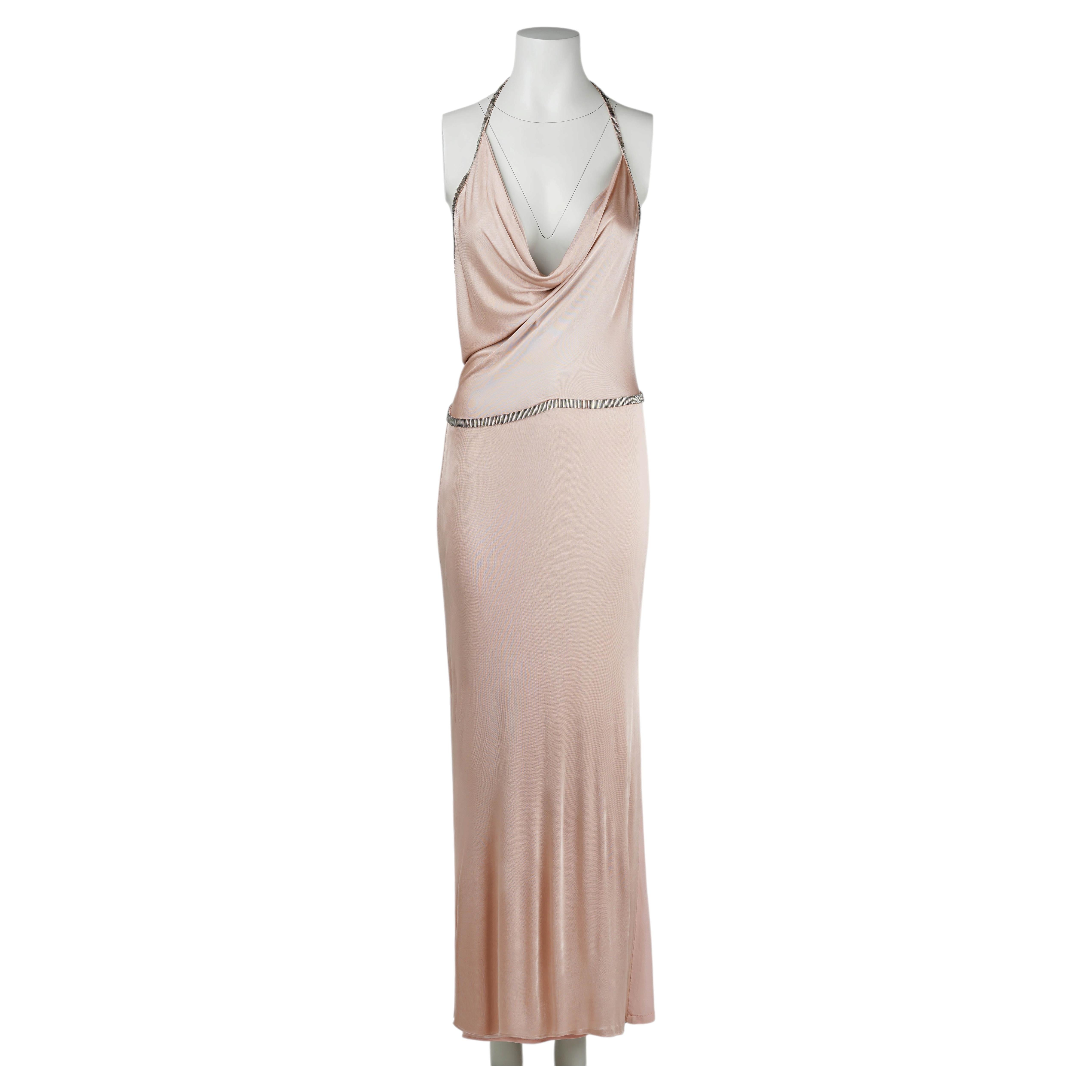 Gucci by Tom Ford Early 2000s Nude Open Back Beaded Jersey Evening Gown IT40