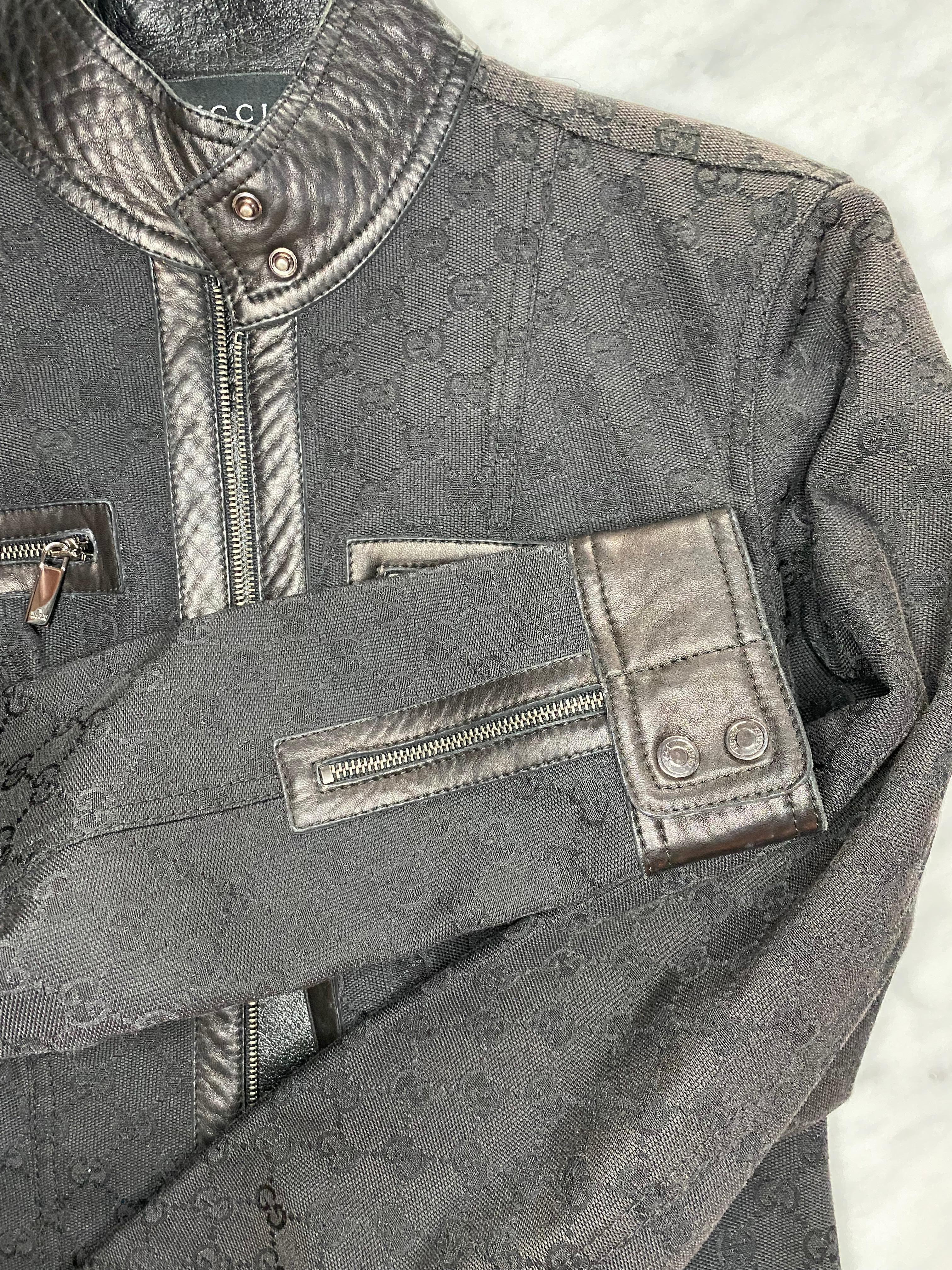 Gucci by Tom Ford, veste de moto vintage noire GG Monogram en denim et cuir, A/H 2000 en vente 1