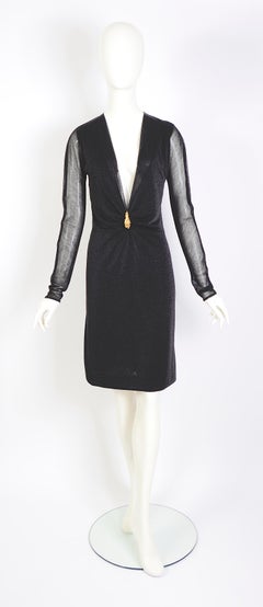 Gucci by Tom Ford F/W 2000 lion brooch plunging neckline black metallic dress