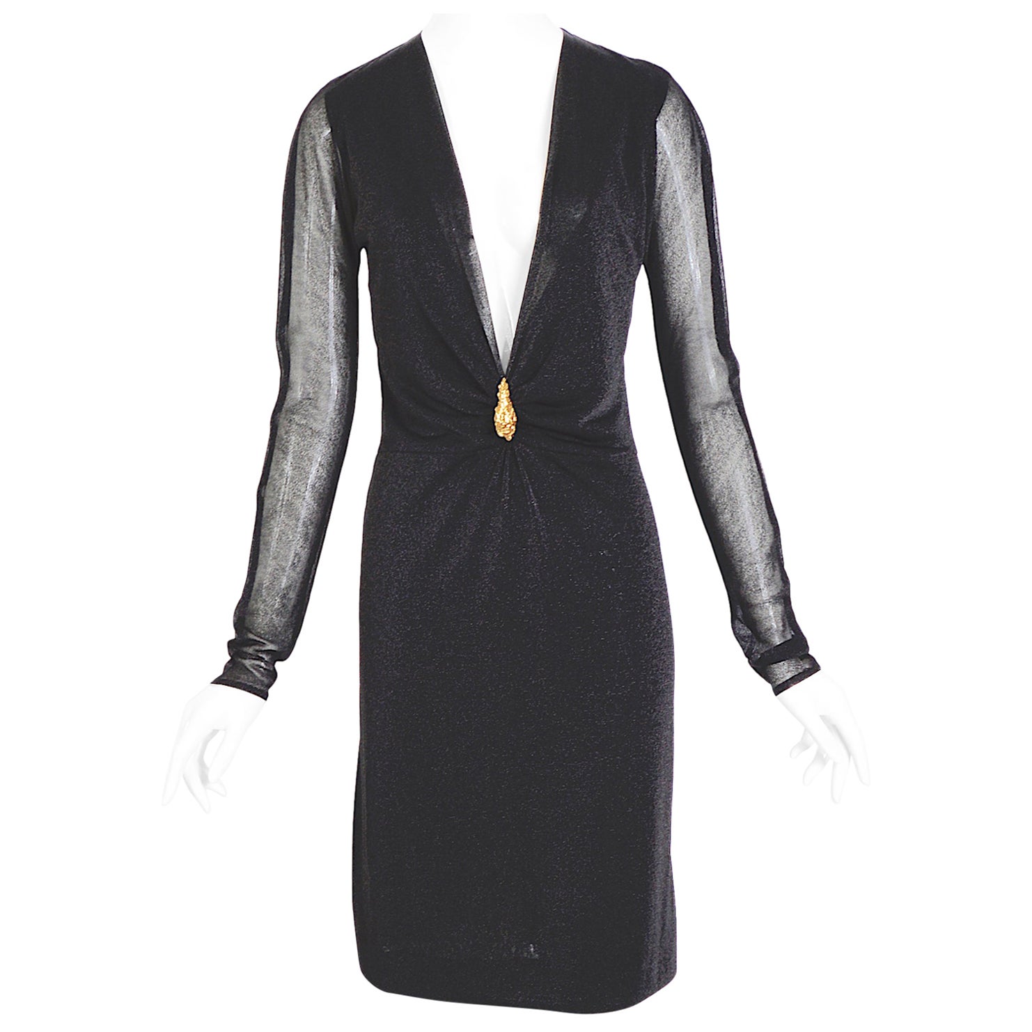 Gucci by Tom Ford F/W 2000 lion brooch plunging neckline black metallic dress