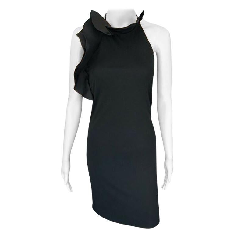 2000 Runway Black Halter Ruffle Dress 