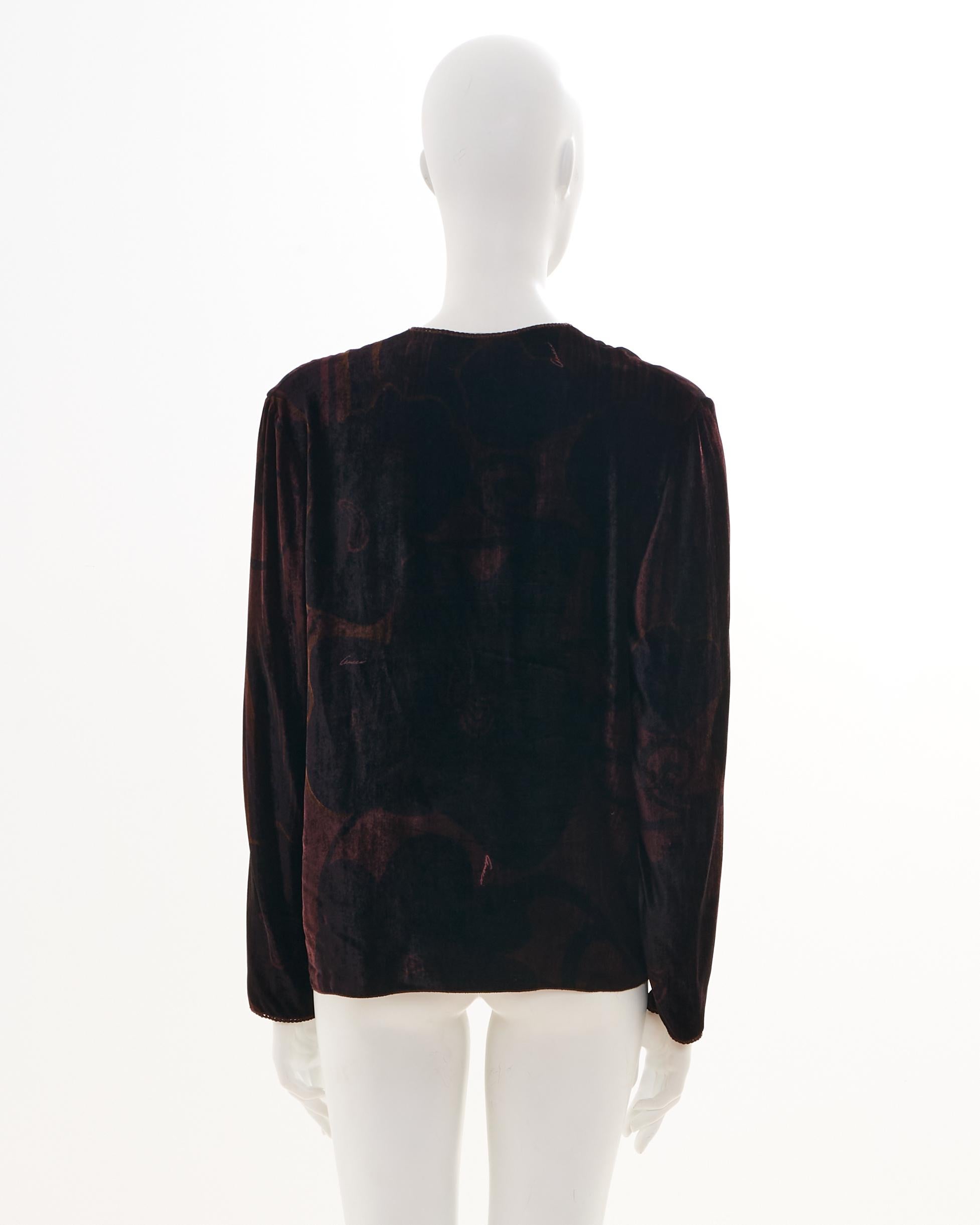 Gucci by Tom Ford F/W 2001 Brown velvet logo print plunging tunic top In Excellent Condition For Sale In Milano, IT