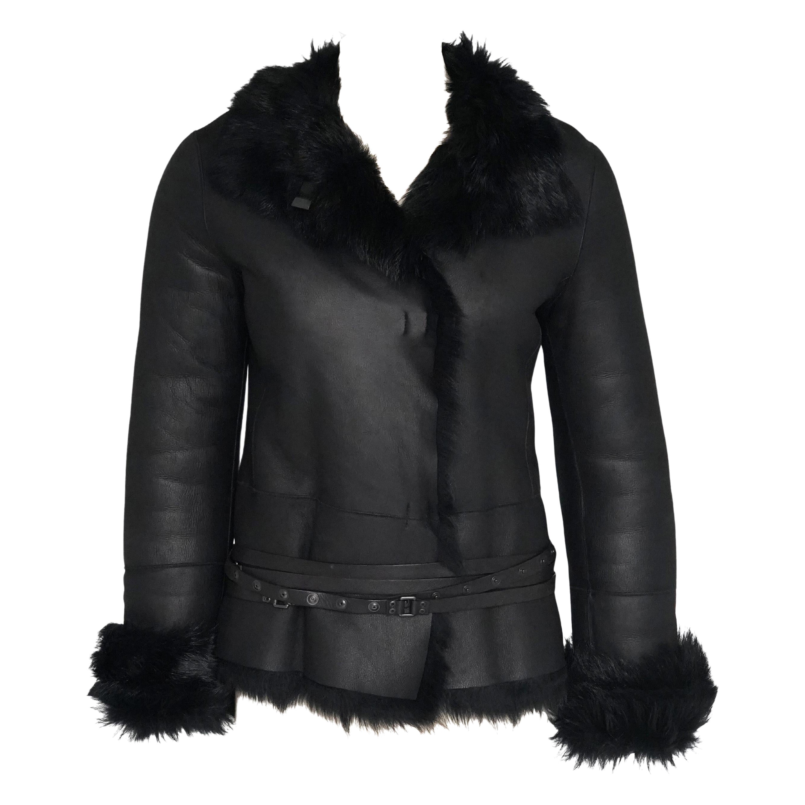 Gucci by Tom Ford F/W 2002 Black Shearling Belted Leather Fur Coat IT38