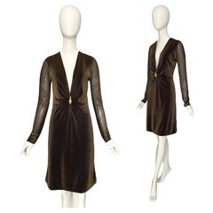 Gucci by Tom Ford Fall Winter 2000 Lion Brooch Plunging Neckline Metallic Dress