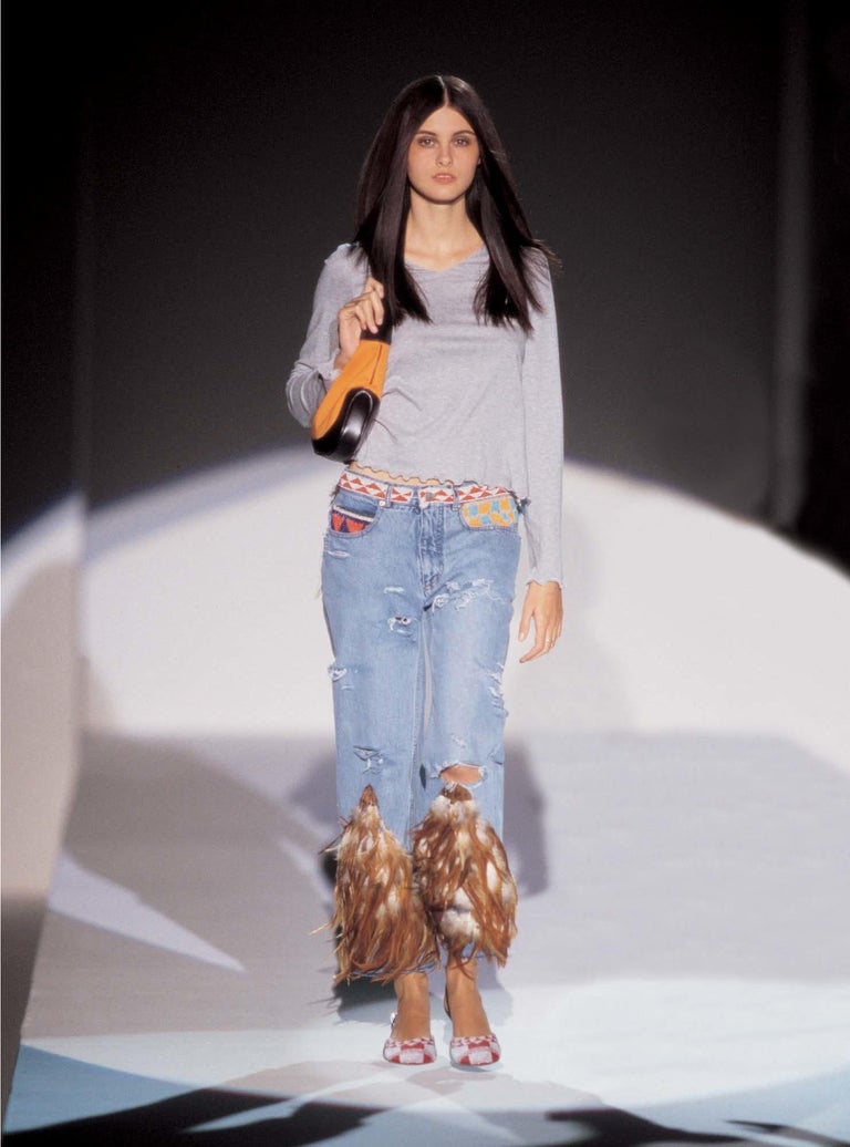 Gray Gucci by Tom Ford feathered and beaded jeans, ss 1999