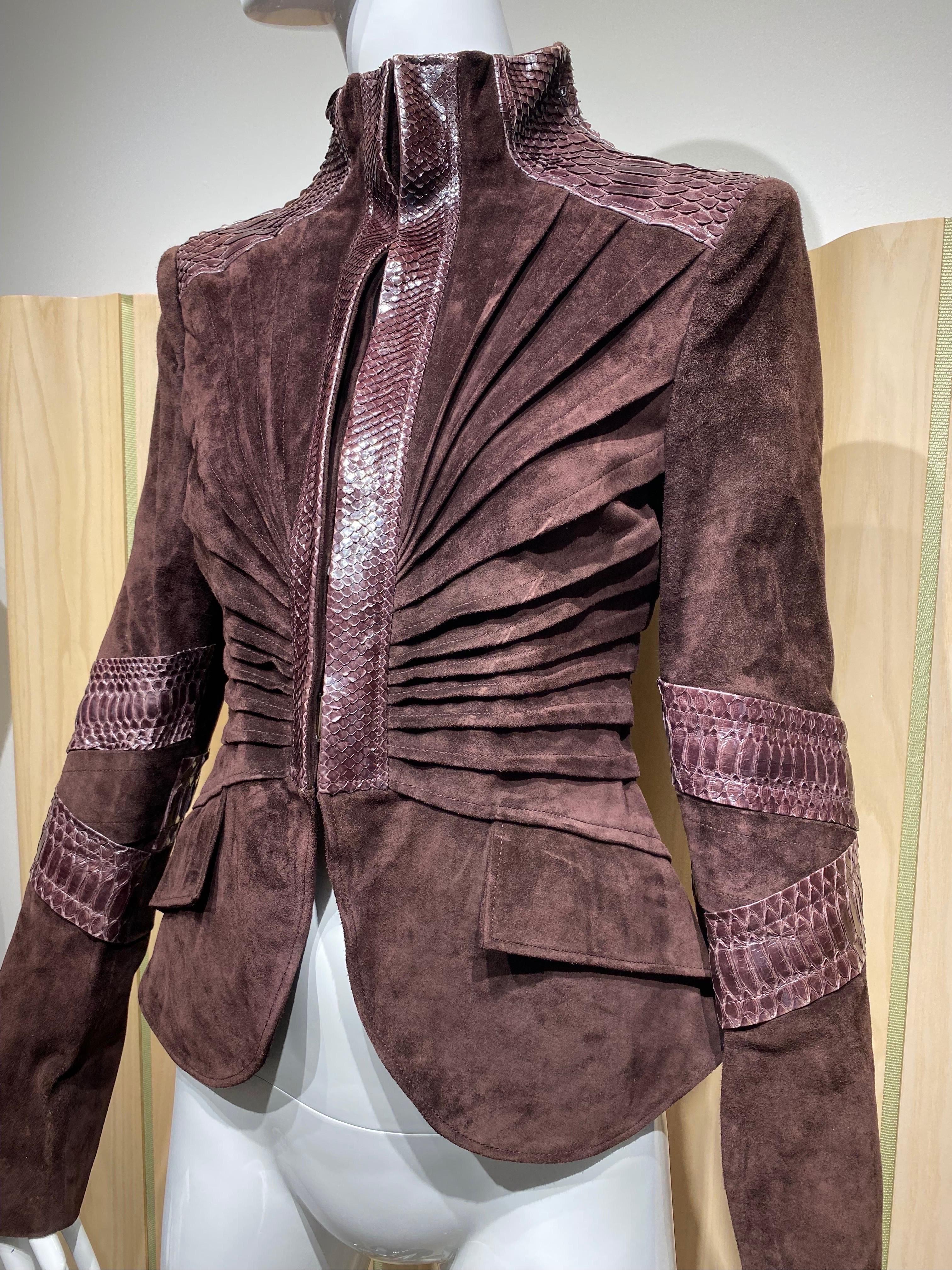 Gucci By Tom Ford Dark Brown Suede and Snake Skin trim leather in dark plum color.
Fitted Jacket from 2004 Fall Runway. Jacket marked size 42, Fit US size 6
Measurement: 
Shoulder : 15.5/ Bust 34” / Waist 29” / Hip 37” / Sleeve length: 25.5”